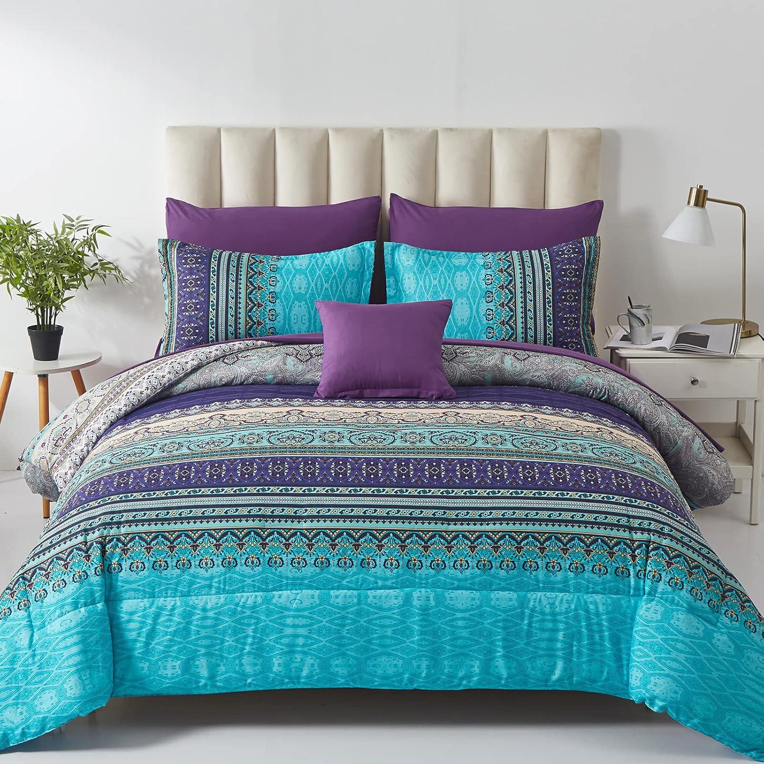 imageBoho Queen Comforter Set 8 Pieces Teal Comforter Bohemian Striped Bed in A BagSoft Microfiber Bedding Set for All SeasonsAqua