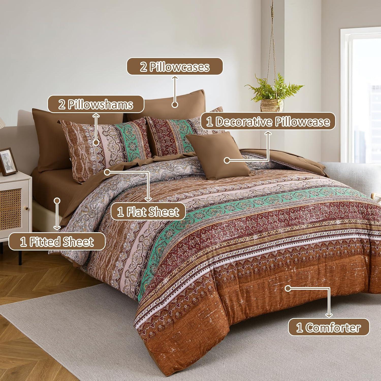 imageBoho Queen Comforter Set 8 Pieces Teal Comforter Bohemian Striped Bed in A BagSoft Microfiber Bedding Set for All SeasonsBrown