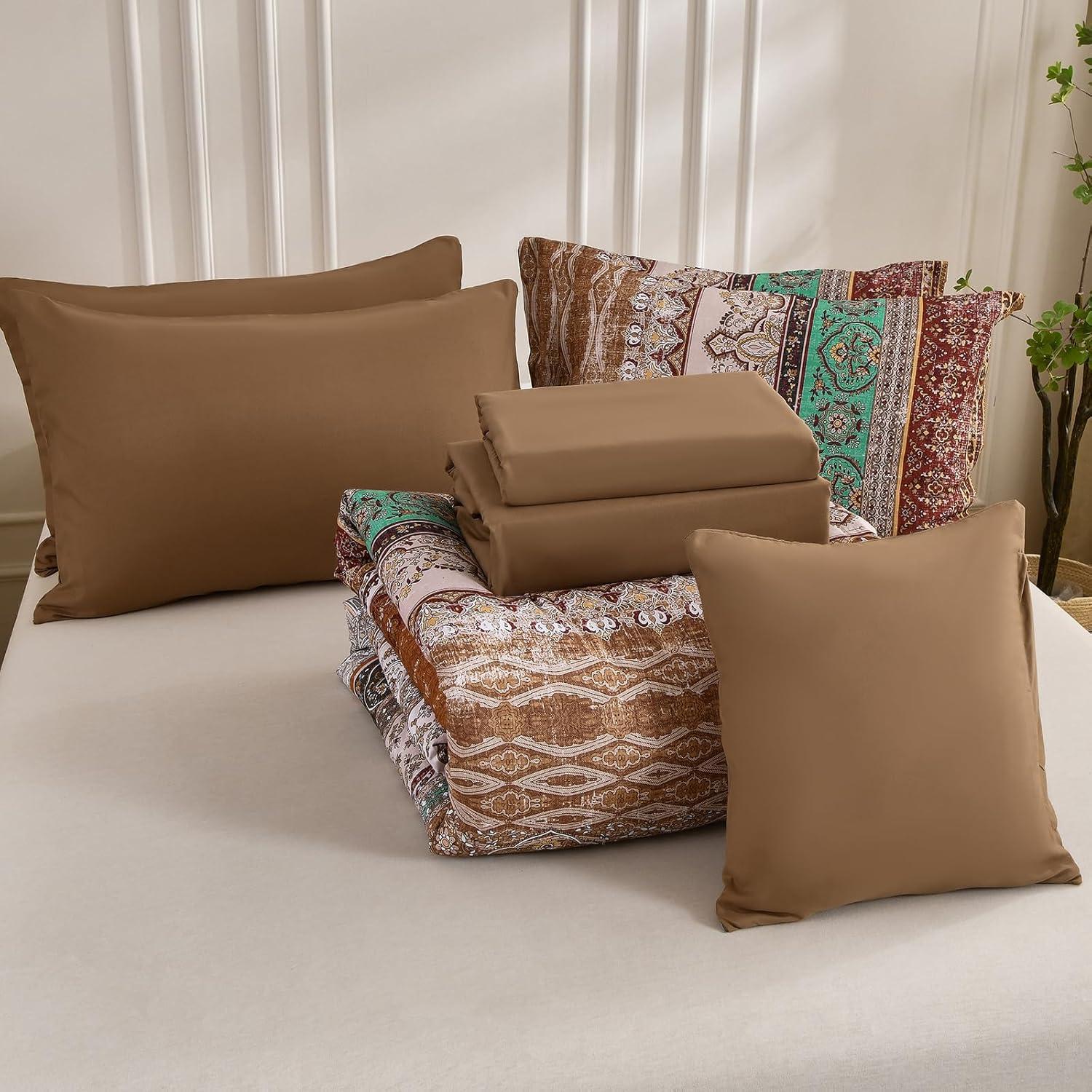 imageBoho Queen Comforter Set 8 Pieces Teal Comforter Bohemian Striped Bed in A BagSoft Microfiber Bedding Set for All SeasonsBrown