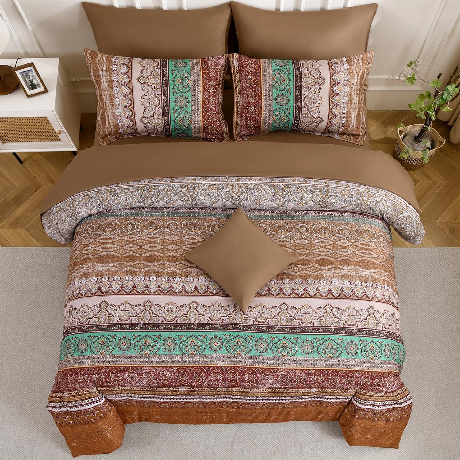 imageBoho Queen Comforter Set 8 Pieces Teal Comforter Bohemian Striped Bed in A BagSoft Microfiber Bedding Set for All SeasonsBrown