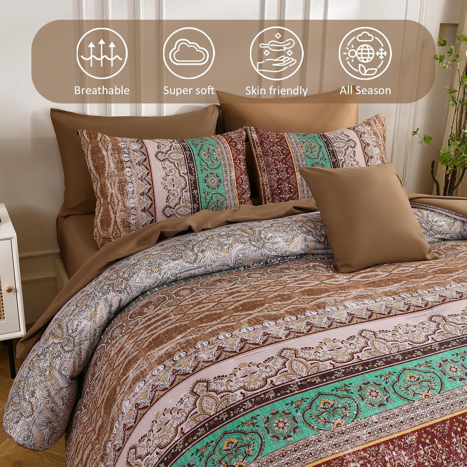 imageBoho Queen Comforter Set 8 Pieces Teal Comforter Bohemian Striped Bed in A BagSoft Microfiber Bedding Set for All SeasonsBrown