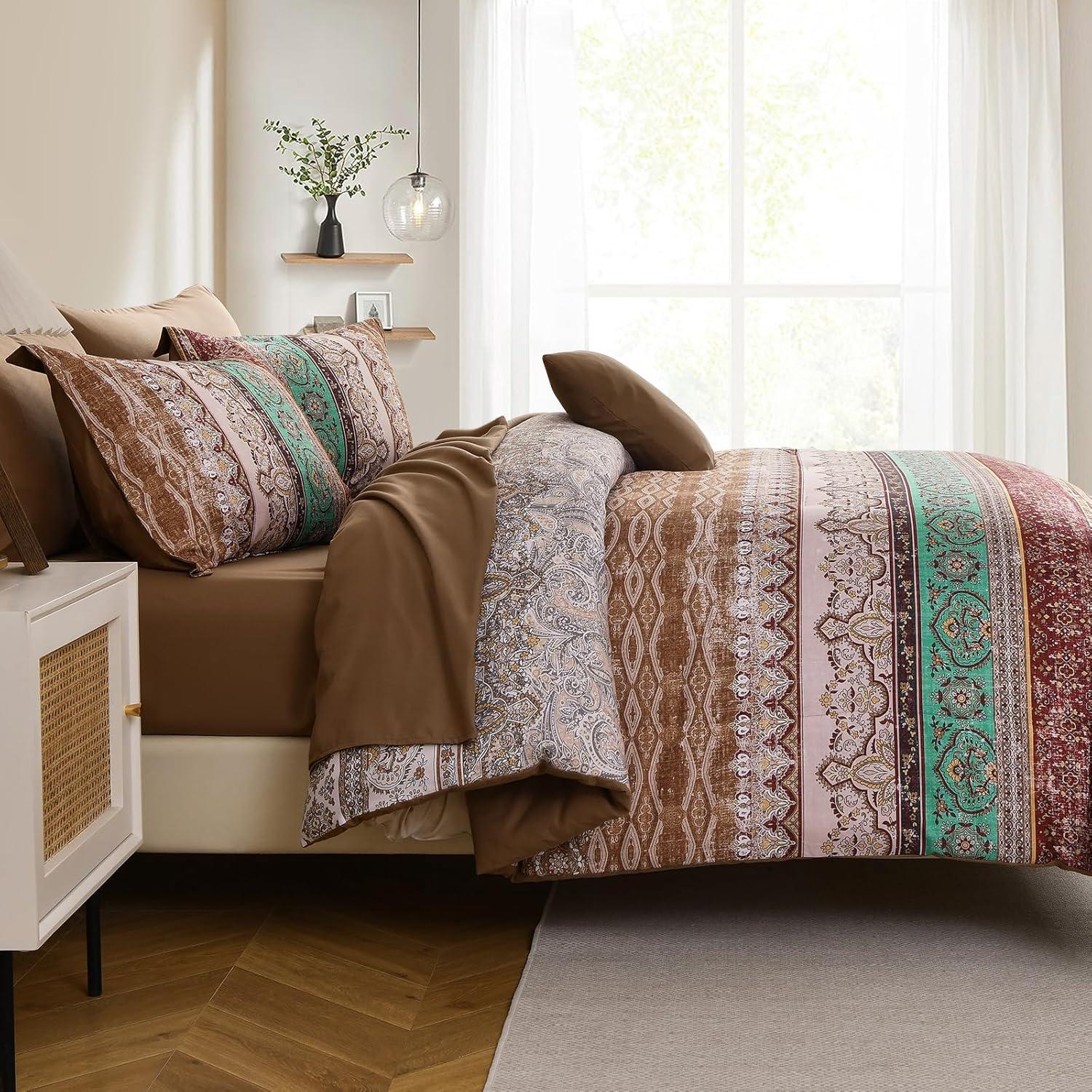 imageBoho Queen Comforter Set 8 Pieces Teal Comforter Bohemian Striped Bed in A BagSoft Microfiber Bedding Set for All SeasonsBrown