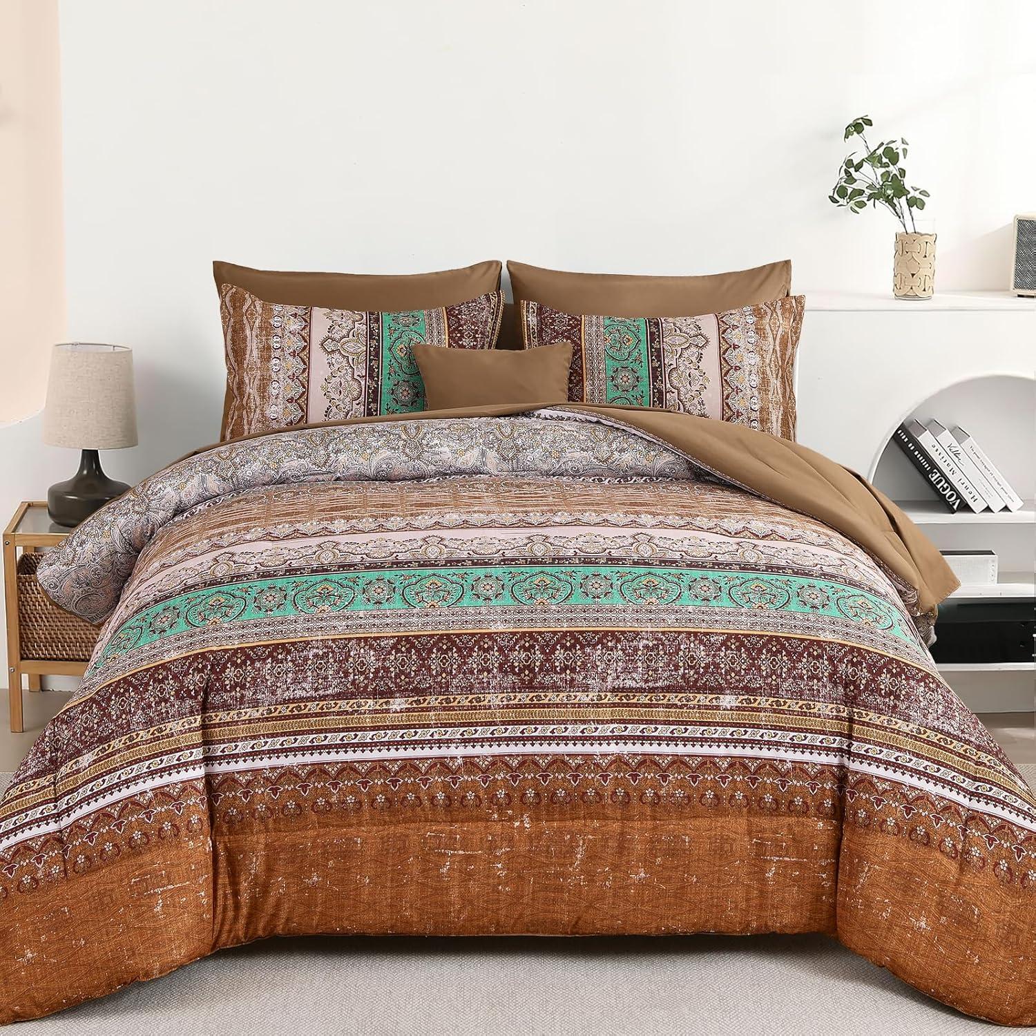 imageBoho Queen Comforter Set 8 Pieces Teal Comforter Bohemian Striped Bed in A BagSoft Microfiber Bedding Set for All SeasonsBrown