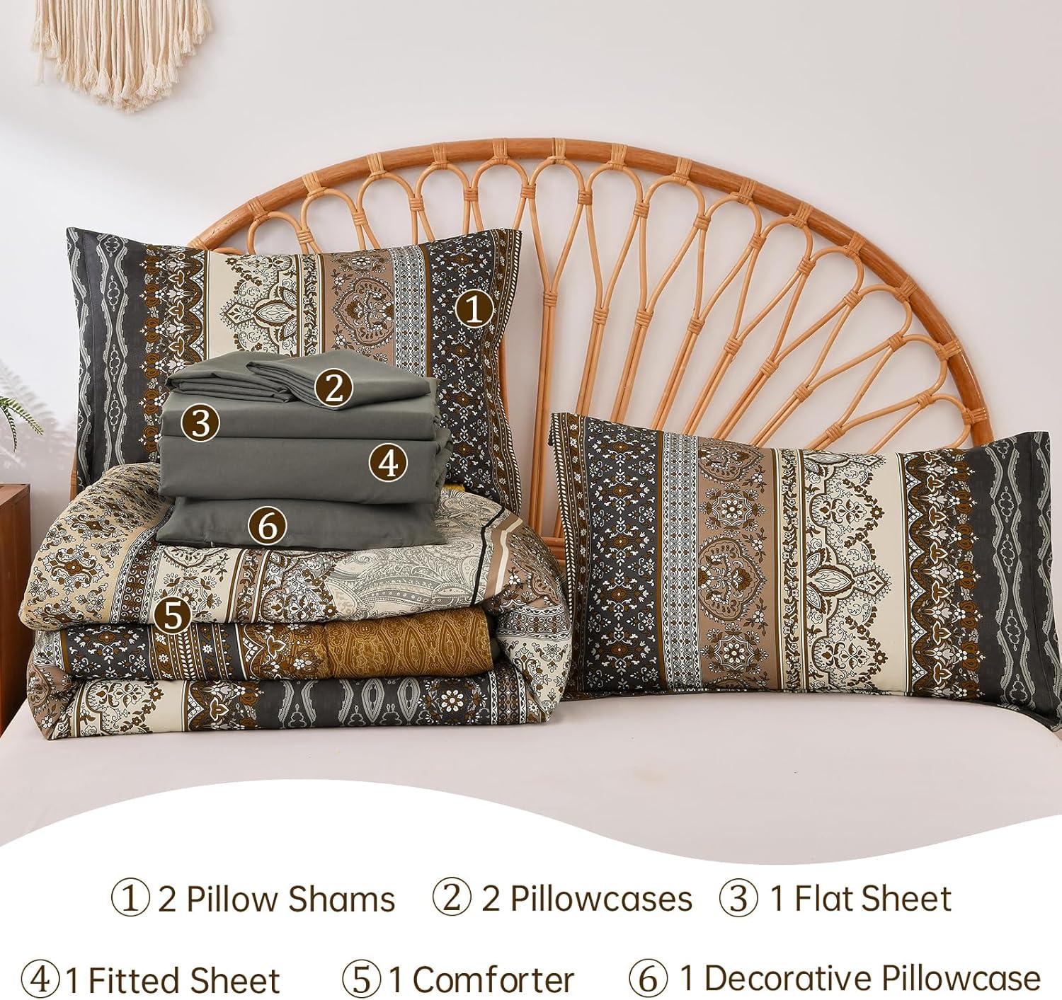 imageBoho Queen Comforter Set 8 Pieces Teal Comforter Bohemian Striped Bed in A BagSoft Microfiber Bedding Set for All SeasonsBrown and Black