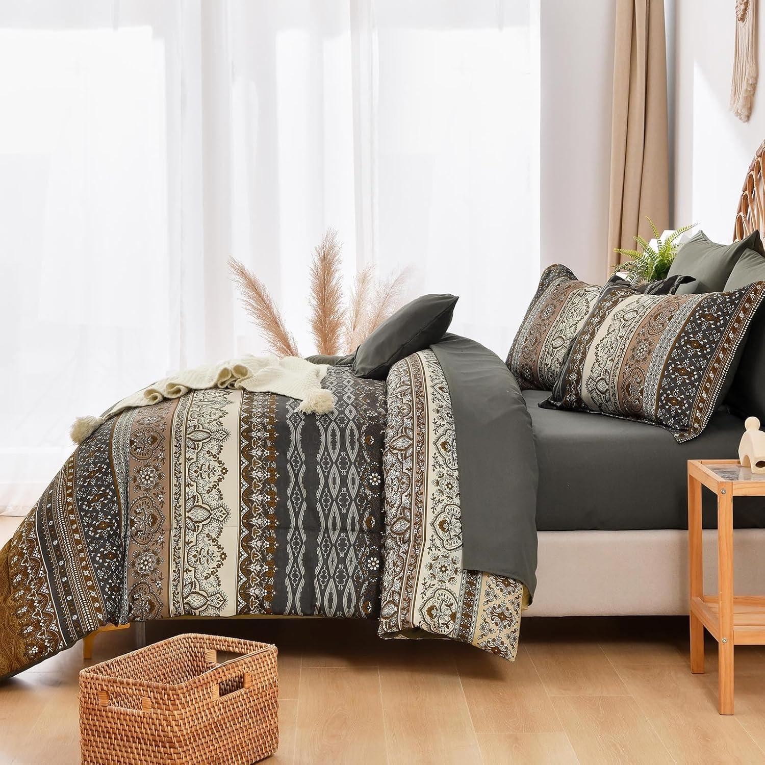 imageBoho Queen Comforter Set 8 Pieces Teal Comforter Bohemian Striped Bed in A BagSoft Microfiber Bedding Set for All SeasonsBrown and Black