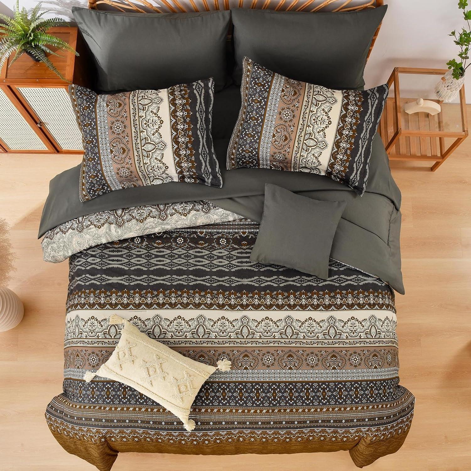 imageBoho Queen Comforter Set 8 Pieces Teal Comforter Bohemian Striped Bed in A BagSoft Microfiber Bedding Set for All SeasonsBrown and Black