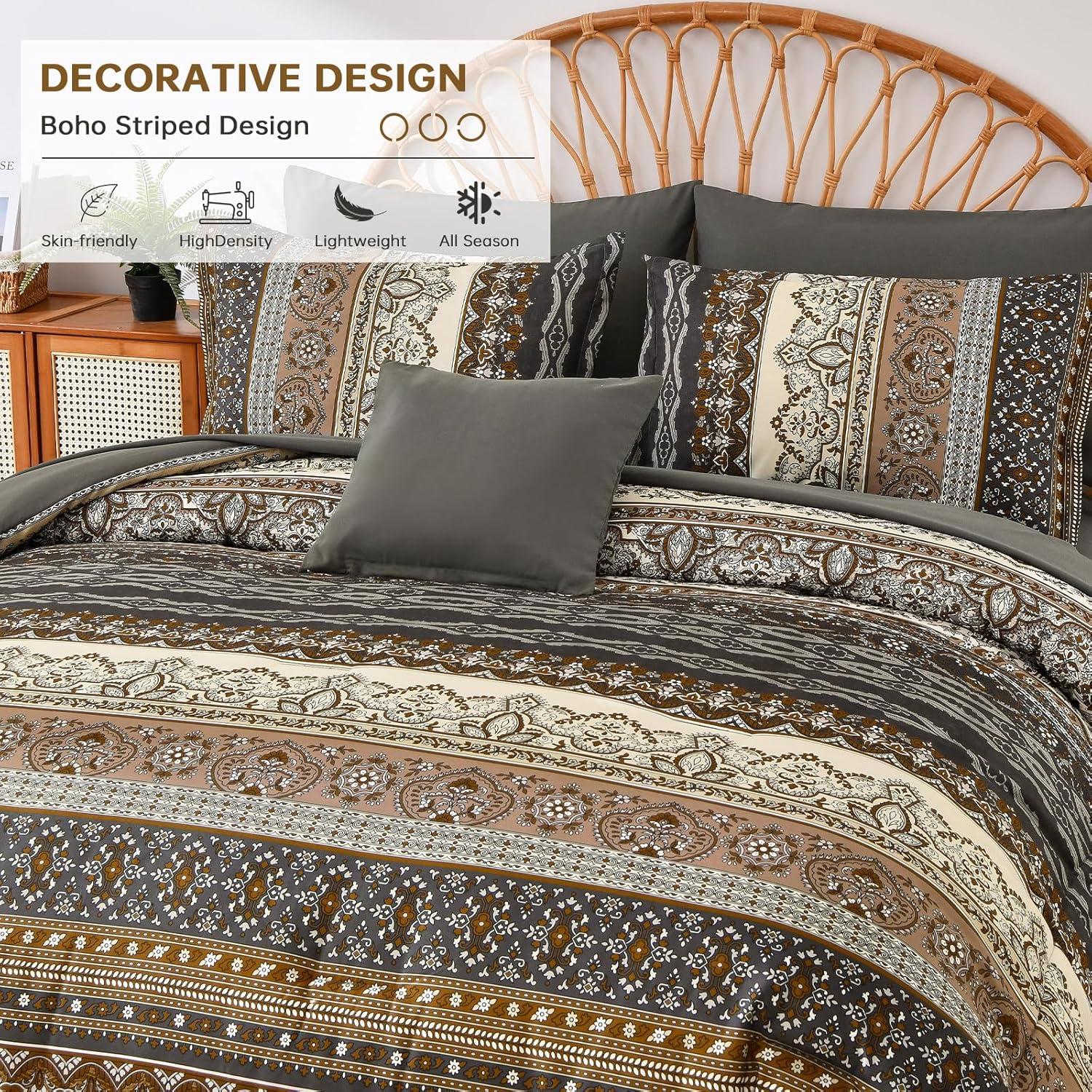 imageBoho Queen Comforter Set 8 Pieces Teal Comforter Bohemian Striped Bed in A BagSoft Microfiber Bedding Set for All SeasonsBrown and Black