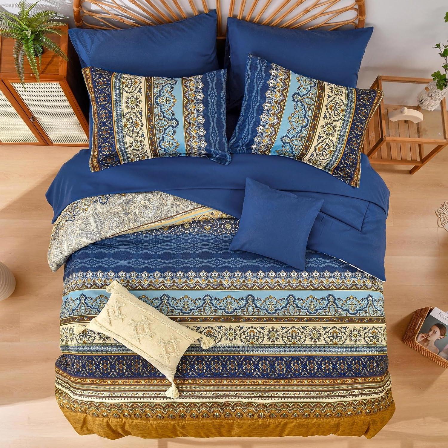 imageBoho Queen Comforter Set 8 Pieces Teal Comforter Bohemian Striped Bed in A BagSoft Microfiber Bedding Set for All SeasonsBrown and Blue
