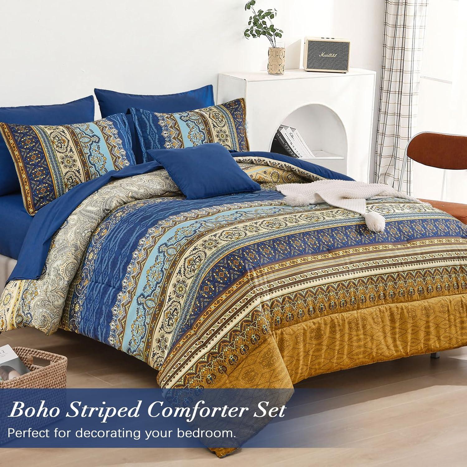 imageBoho Queen Comforter Set 8 Pieces Teal Comforter Bohemian Striped Bed in A BagSoft Microfiber Bedding Set for All SeasonsBrown and Blue