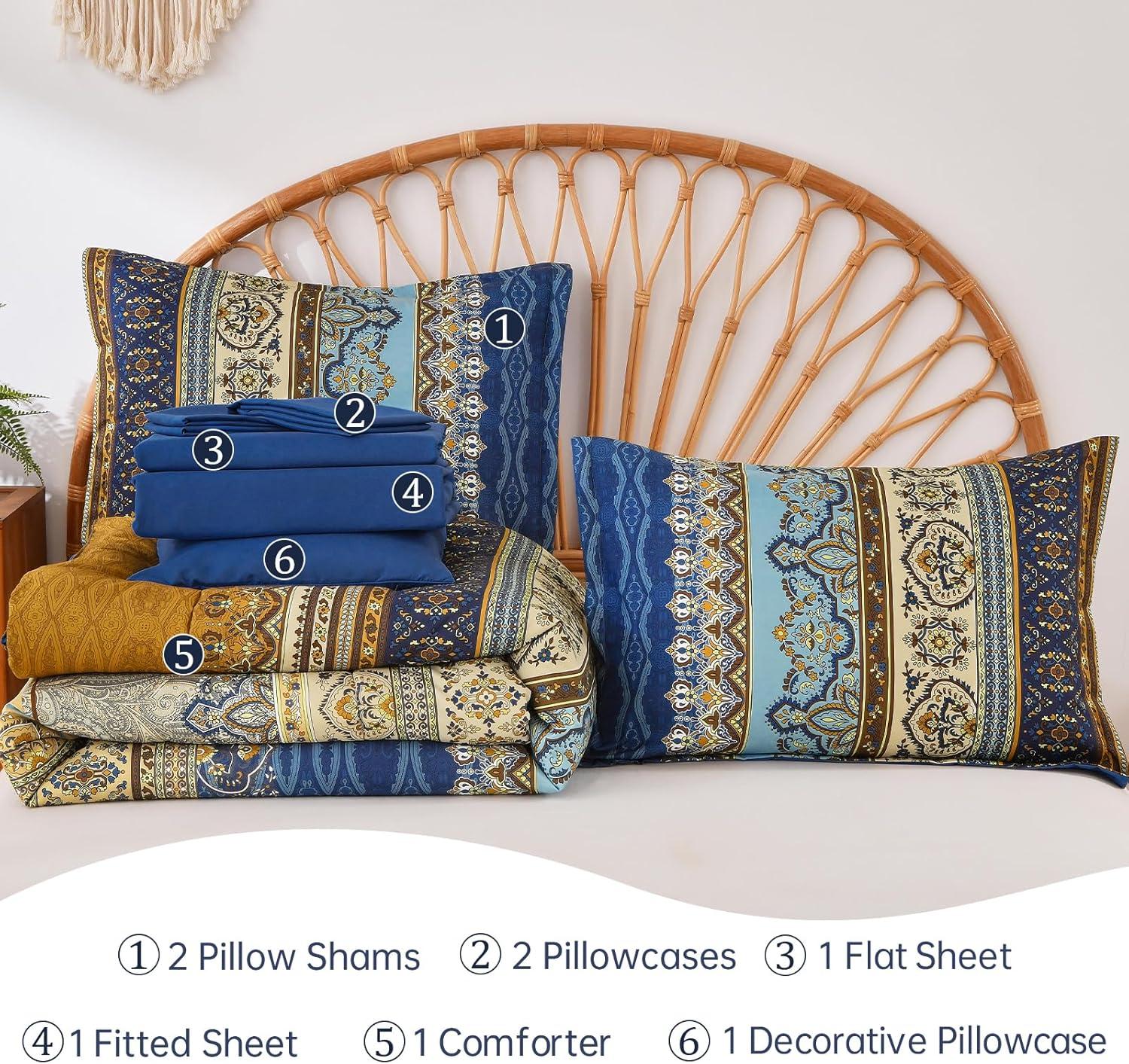 imageBoho Queen Comforter Set 8 Pieces Teal Comforter Bohemian Striped Bed in A BagSoft Microfiber Bedding Set for All SeasonsBrown and Blue