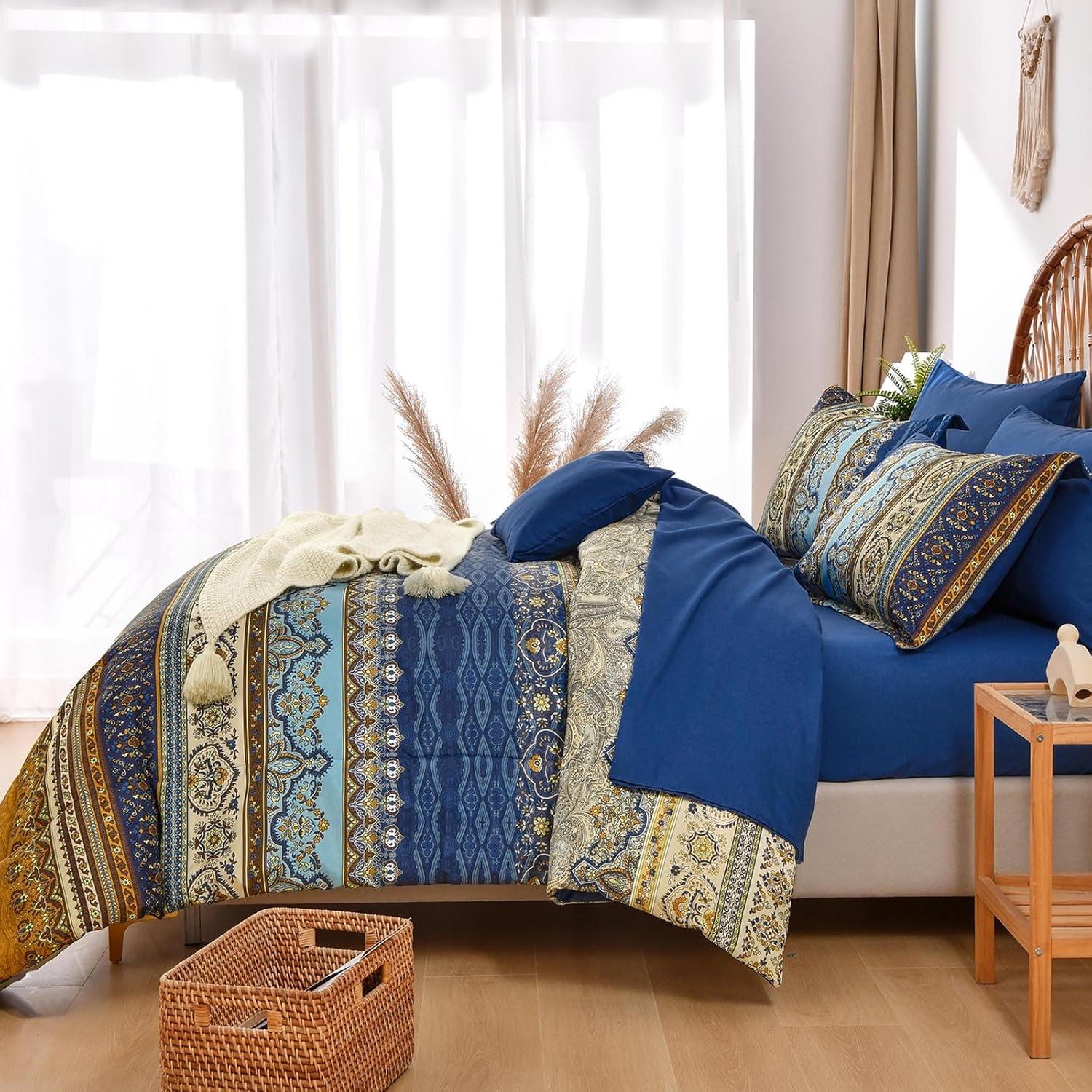 imageBoho Queen Comforter Set 8 Pieces Teal Comforter Bohemian Striped Bed in A BagSoft Microfiber Bedding Set for All SeasonsBrown and Blue