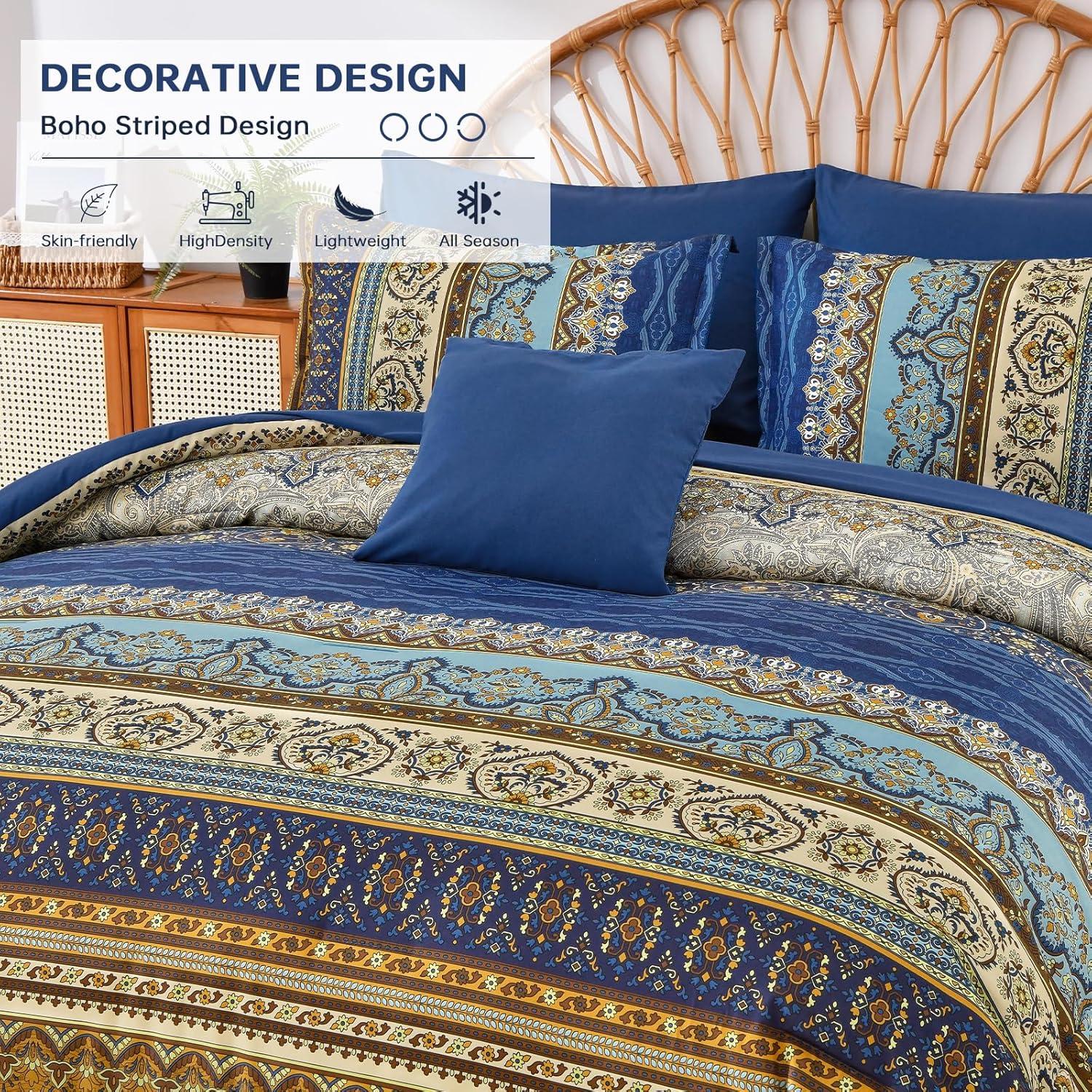 imageBoho Queen Comforter Set 8 Pieces Teal Comforter Bohemian Striped Bed in A BagSoft Microfiber Bedding Set for All SeasonsBrown and Blue