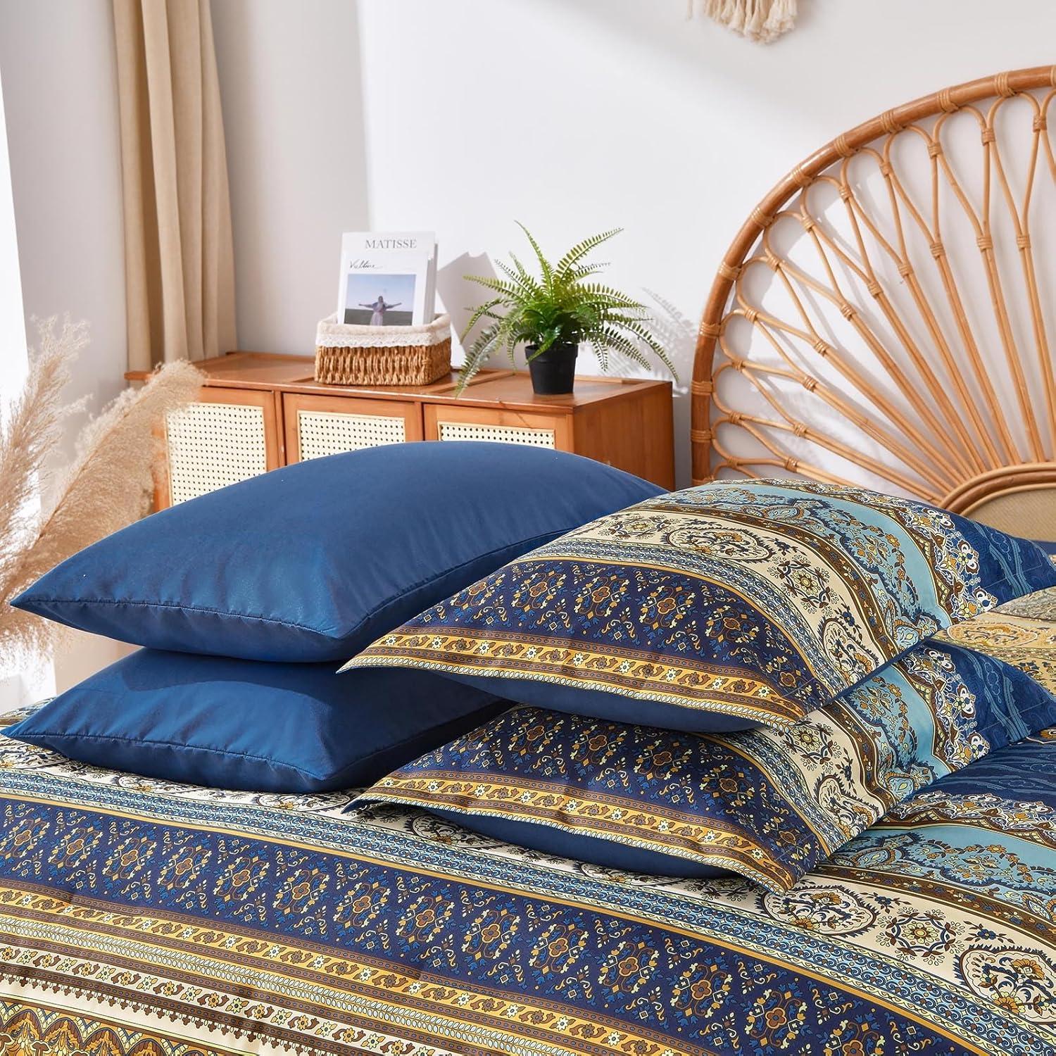 imageBoho Queen Comforter Set 8 Pieces Teal Comforter Bohemian Striped Bed in A BagSoft Microfiber Bedding Set for All SeasonsBrown and Blue