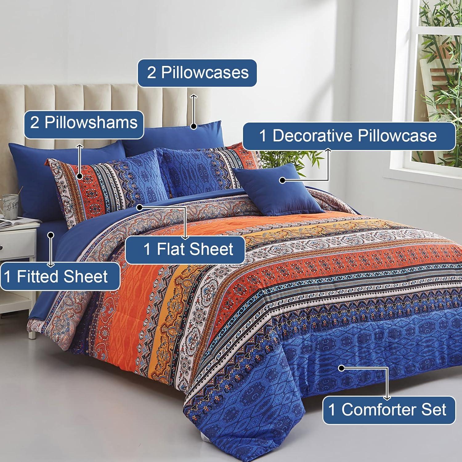 imageBoho Queen Comforter Set 8 Pieces Teal Comforter Bohemian Striped Bed in A BagSoft Microfiber Bedding Set for All SeasonsBurnt Orange