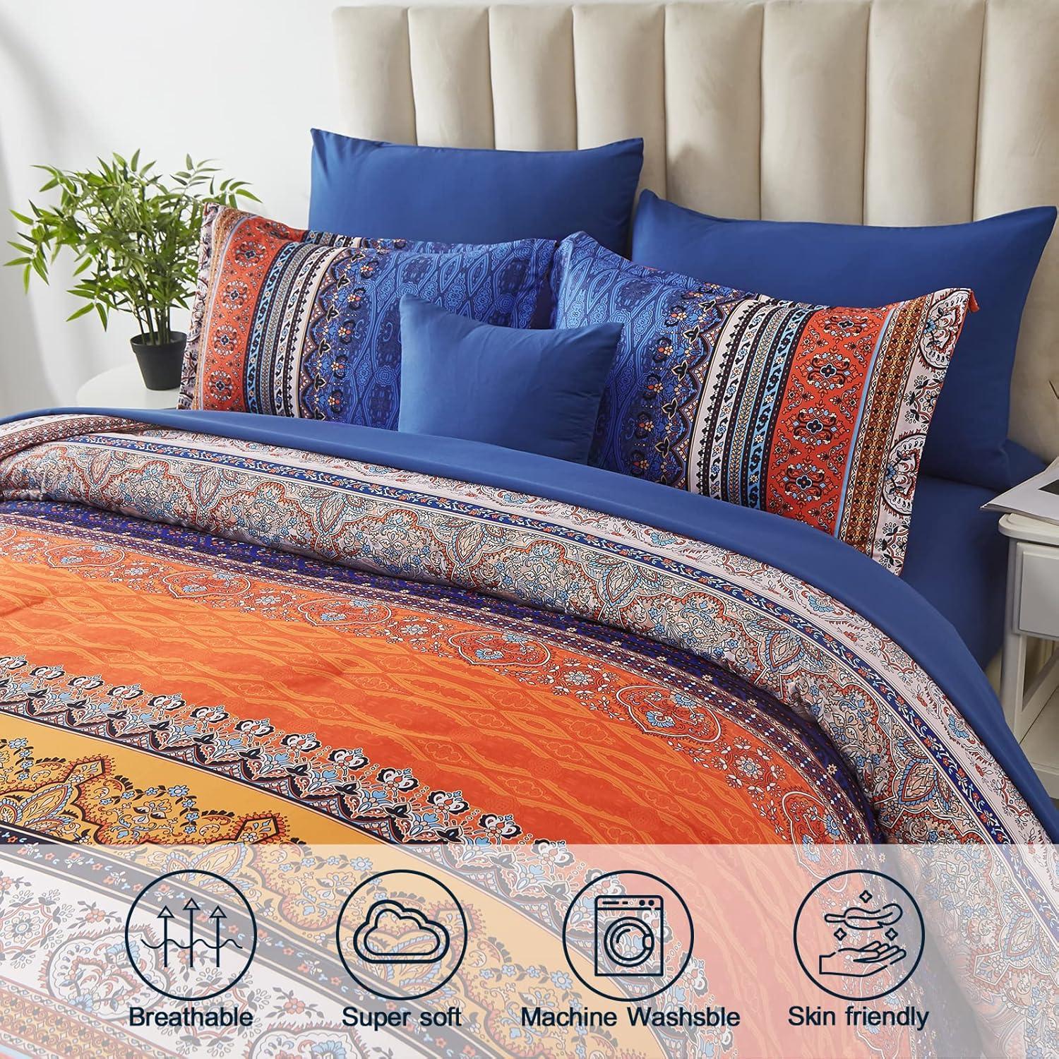 imageBoho Queen Comforter Set 8 Pieces Teal Comforter Bohemian Striped Bed in A BagSoft Microfiber Bedding Set for All SeasonsBurnt Orange