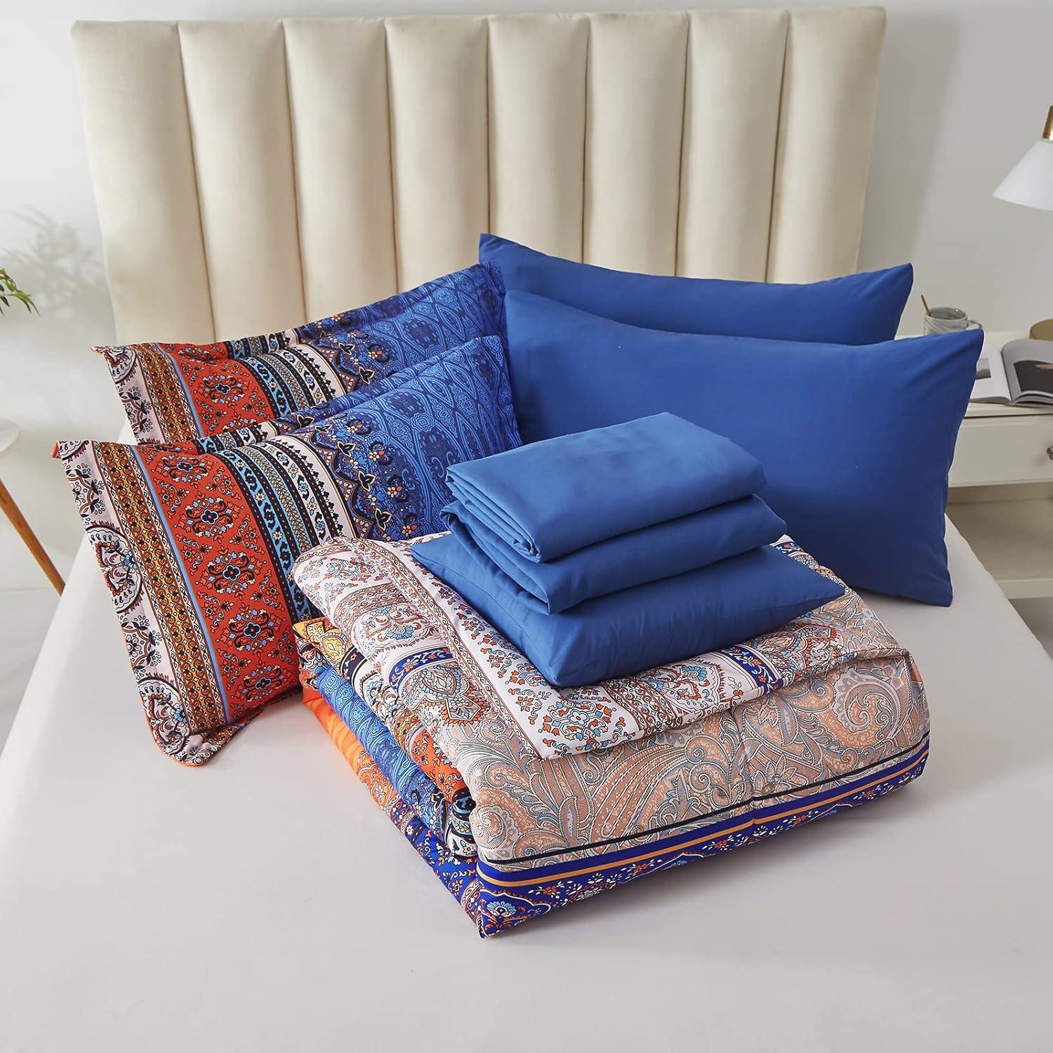 imageBoho Queen Comforter Set 8 Pieces Teal Comforter Bohemian Striped Bed in A BagSoft Microfiber Bedding Set for All SeasonsBurnt Orange