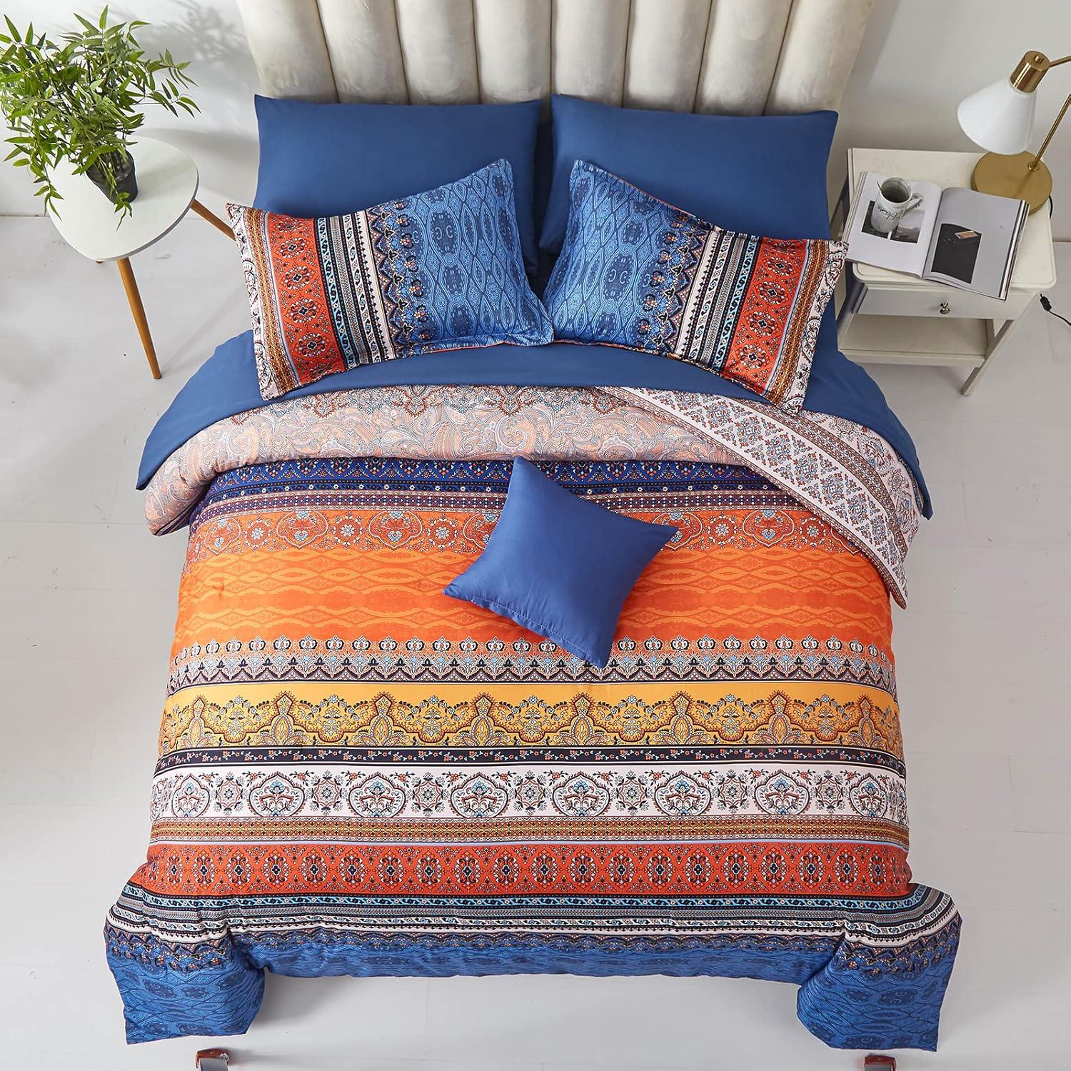 imageBoho Queen Comforter Set 8 Pieces Teal Comforter Bohemian Striped Bed in A BagSoft Microfiber Bedding Set for All SeasonsBurnt Orange