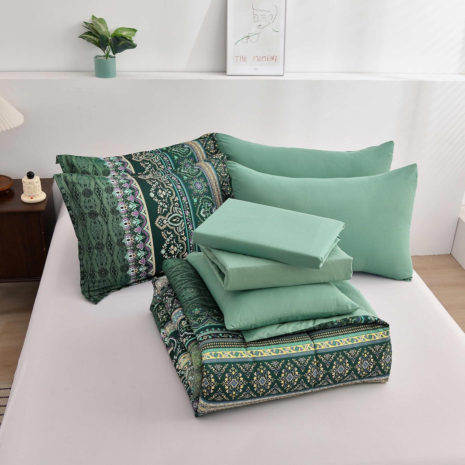 imageBoho Queen Comforter Set 8 Pieces Teal Comforter Bohemian Striped Bed in A BagSoft Microfiber Bedding Set for All SeasonsDark Green