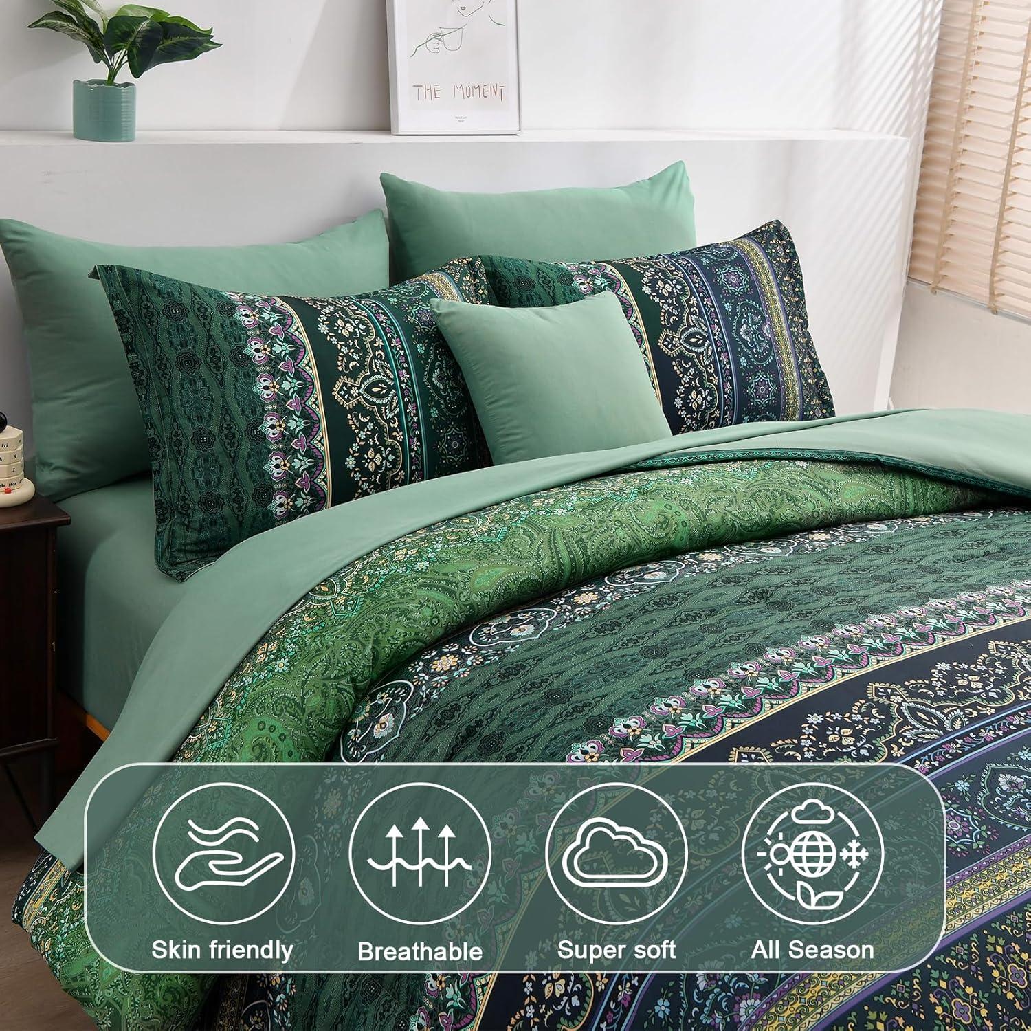 imageBoho Queen Comforter Set 8 Pieces Teal Comforter Bohemian Striped Bed in A BagSoft Microfiber Bedding Set for All SeasonsDark Green