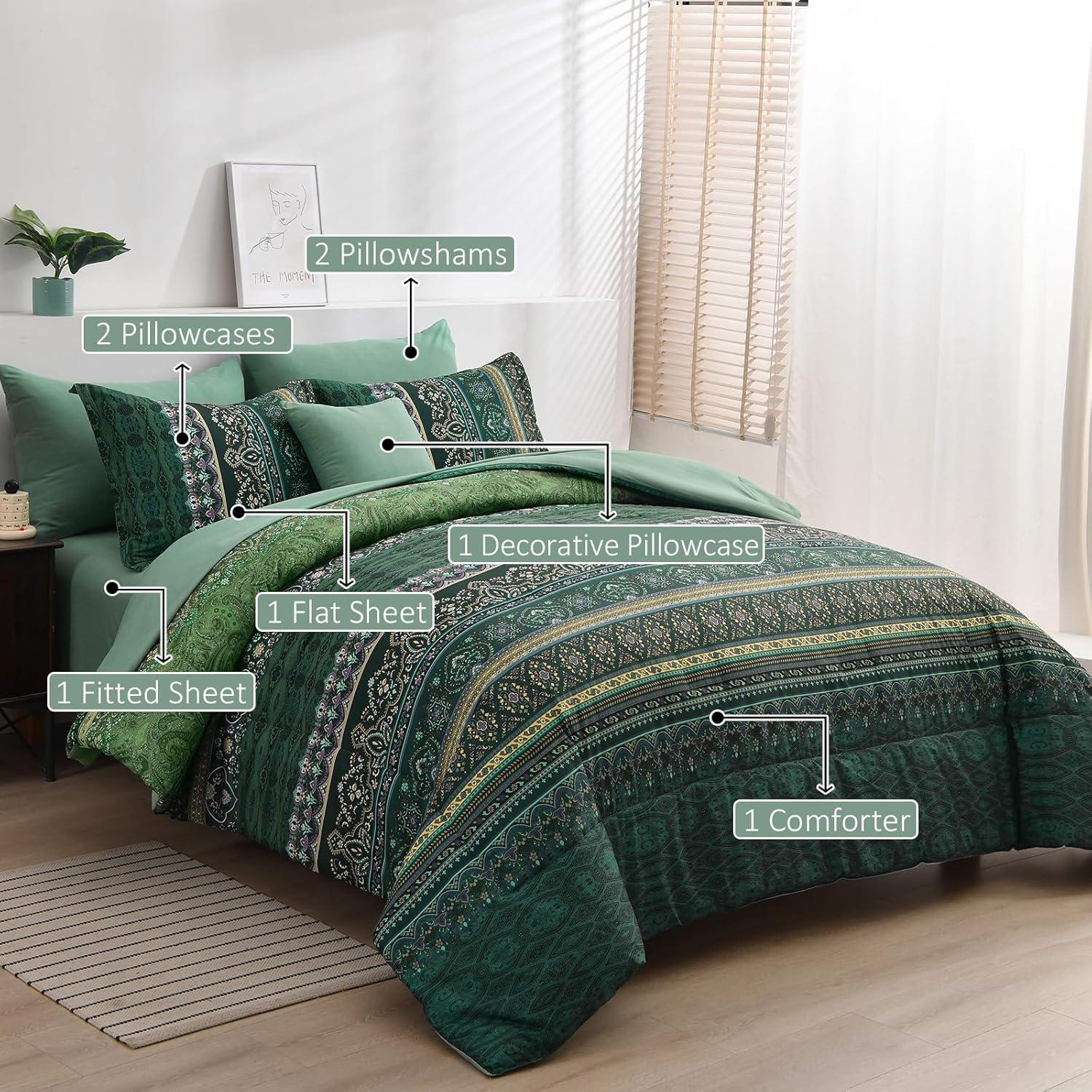 imageBoho Queen Comforter Set 8 Pieces Teal Comforter Bohemian Striped Bed in A BagSoft Microfiber Bedding Set for All SeasonsDark Green