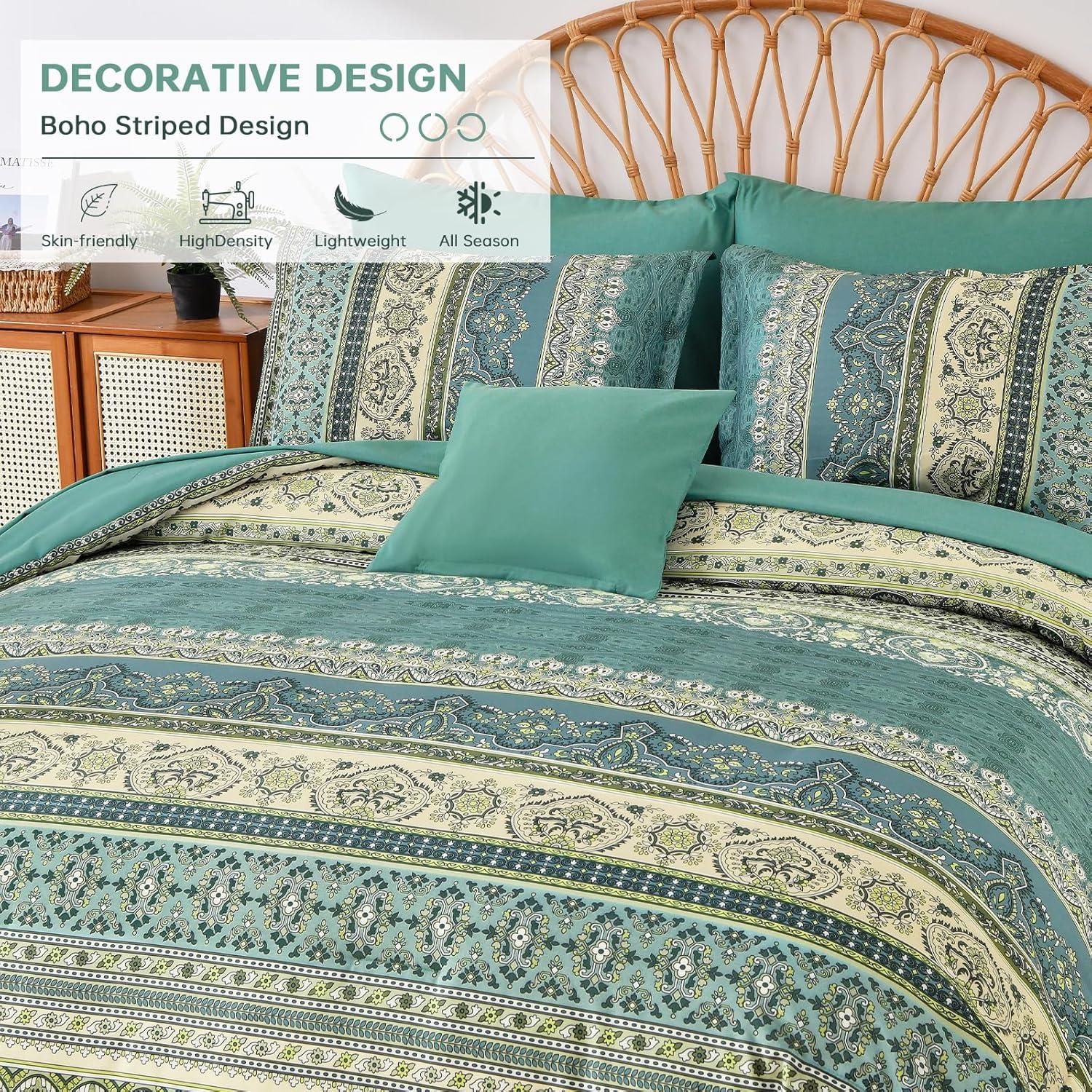 imageBoho Queen Comforter Set 8 Pieces Teal Comforter Bohemian Striped Bed in A BagSoft Microfiber Bedding Set for All SeasonsGreen