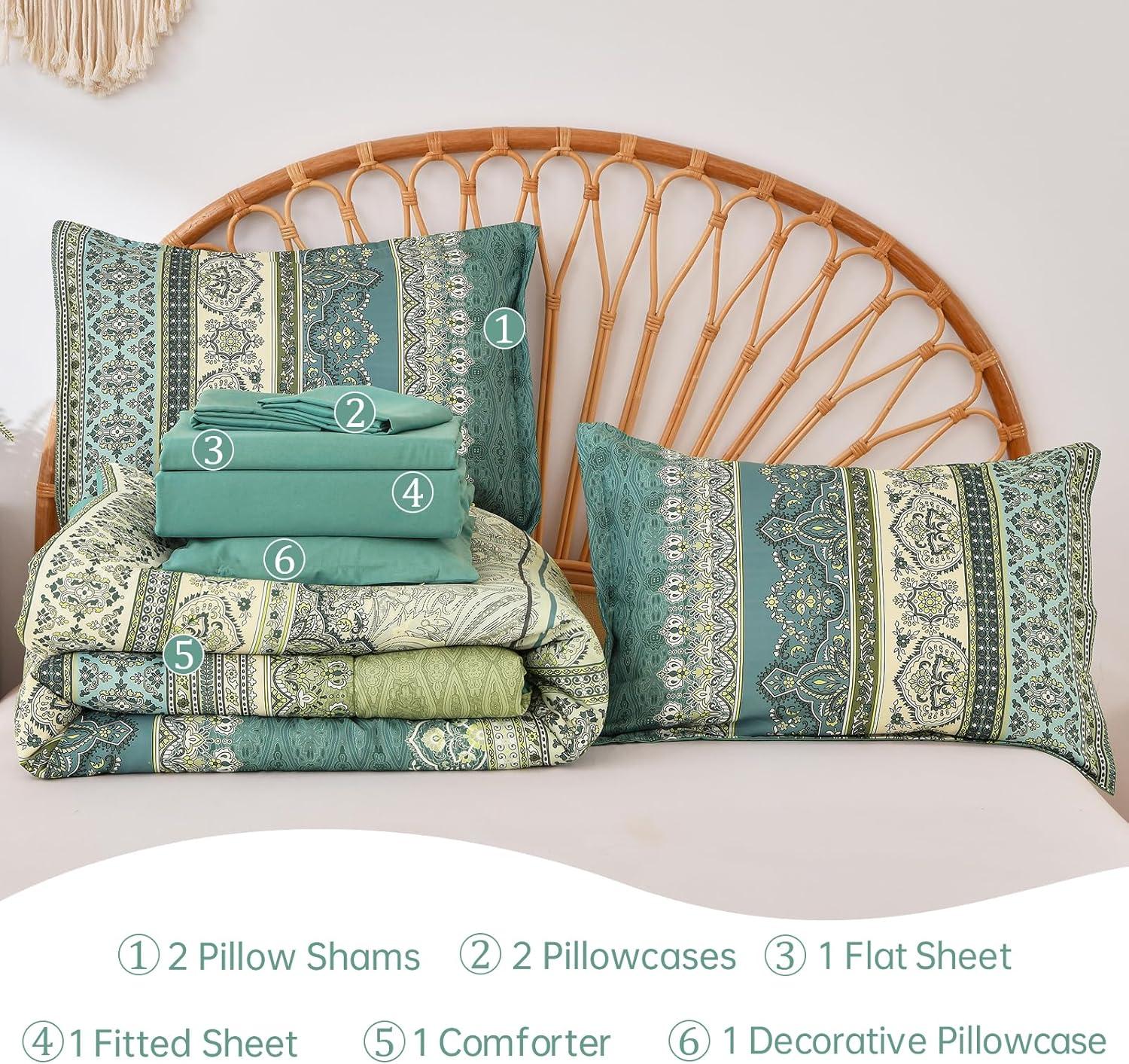 imageBoho Queen Comforter Set 8 Pieces Teal Comforter Bohemian Striped Bed in A BagSoft Microfiber Bedding Set for All SeasonsGreen