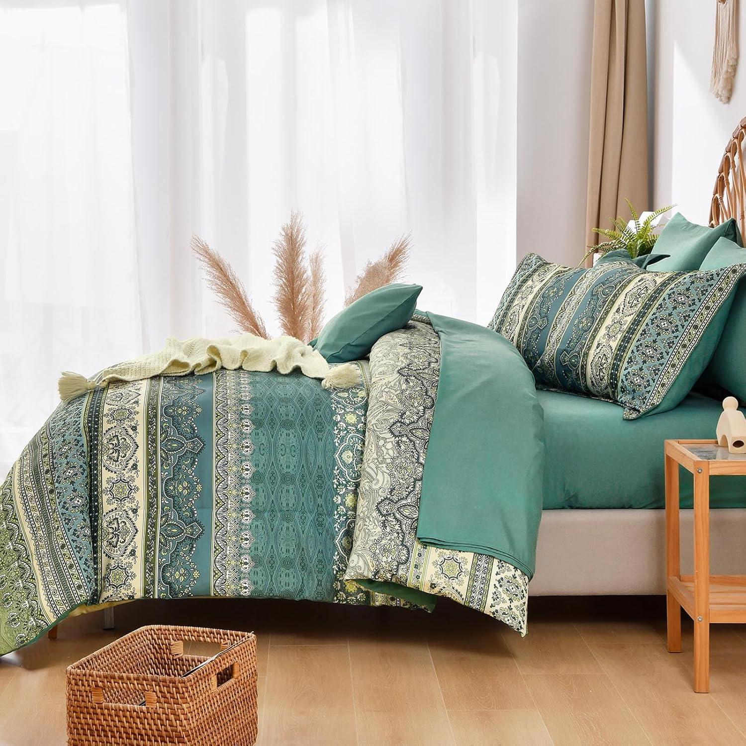 imageBoho Queen Comforter Set 8 Pieces Teal Comforter Bohemian Striped Bed in A BagSoft Microfiber Bedding Set for All SeasonsGreen