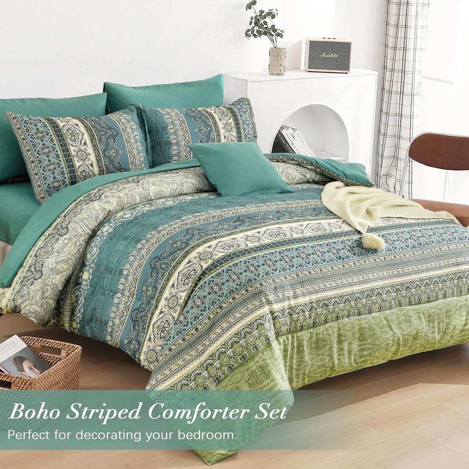 imageBoho Queen Comforter Set 8 Pieces Teal Comforter Bohemian Striped Bed in A BagSoft Microfiber Bedding Set for All SeasonsGreen