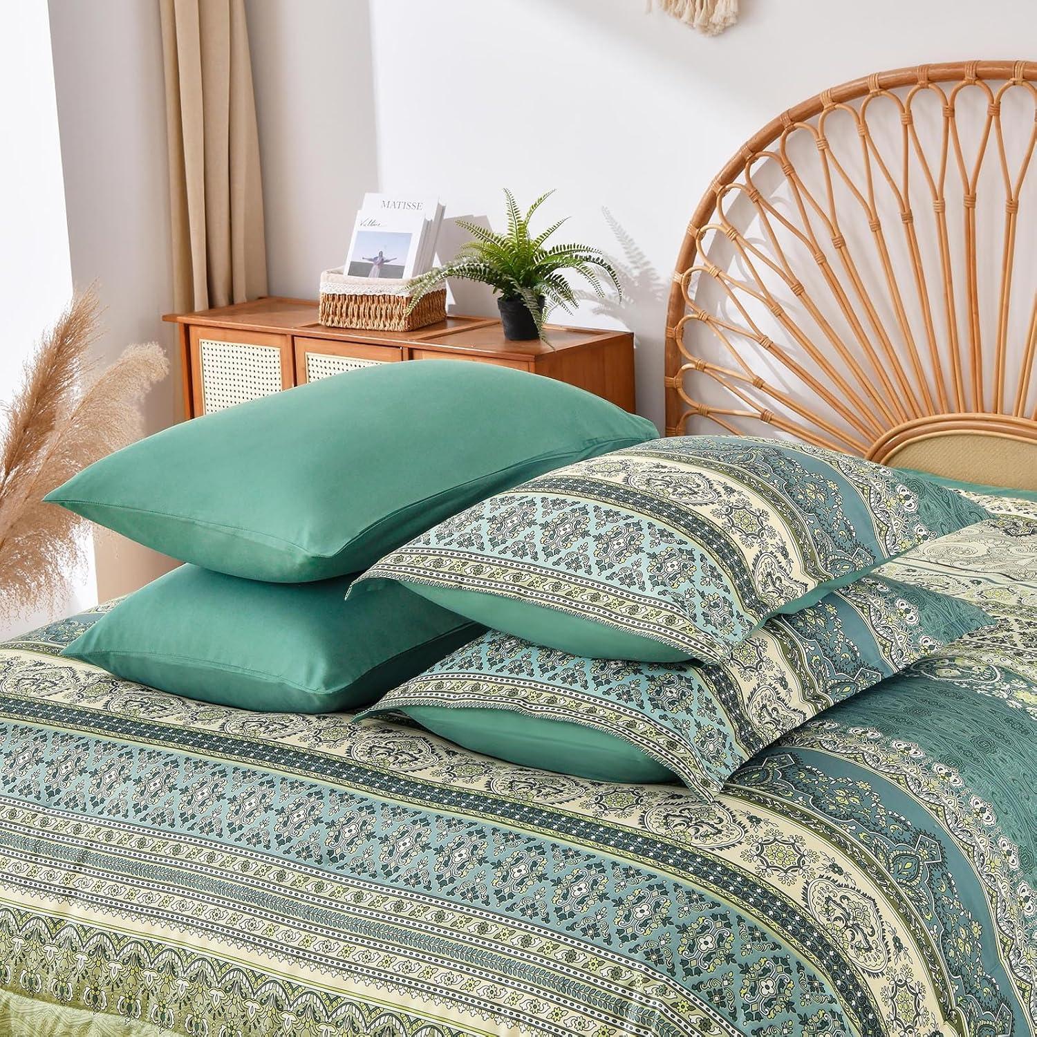 imageBoho Queen Comforter Set 8 Pieces Teal Comforter Bohemian Striped Bed in A BagSoft Microfiber Bedding Set for All SeasonsGreen