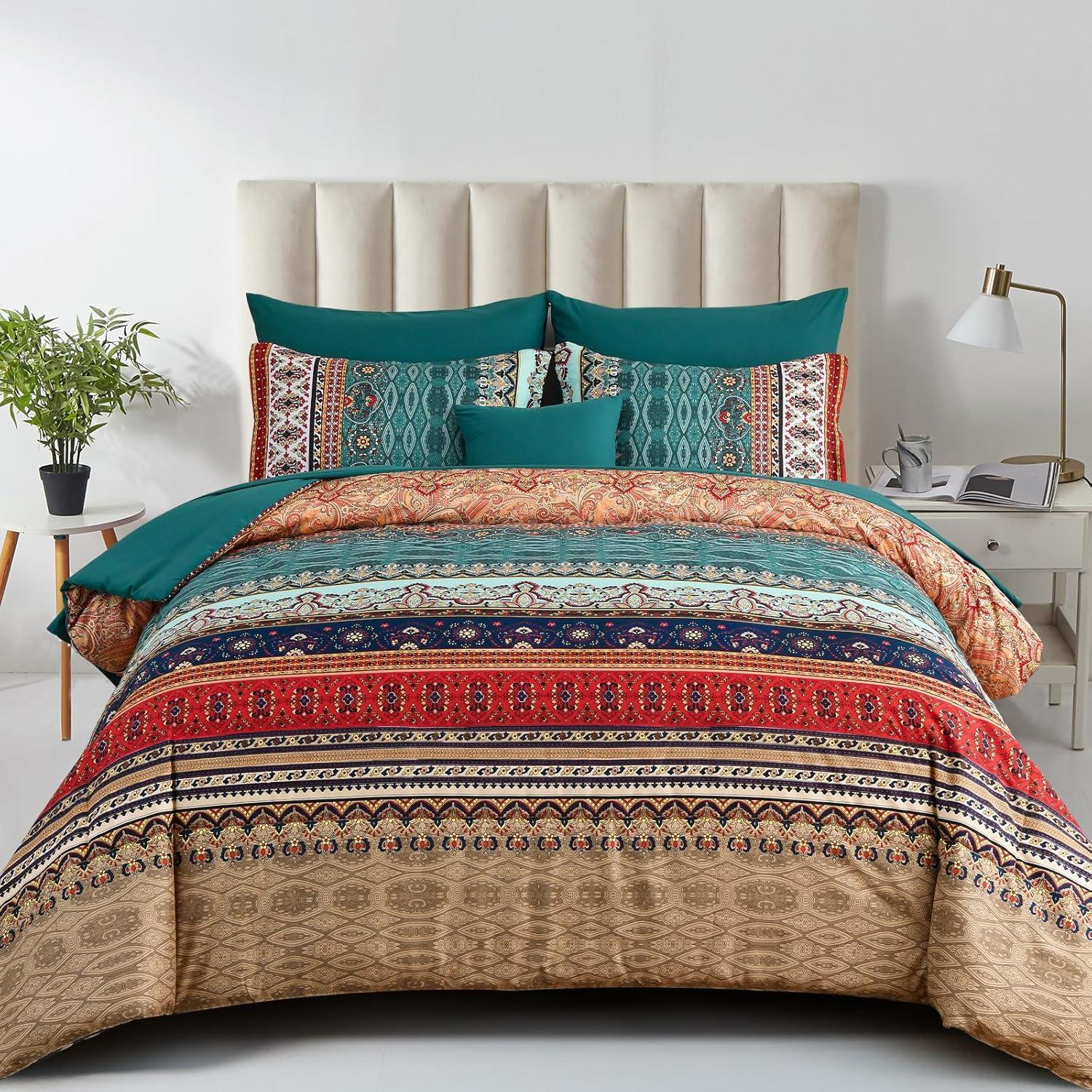 imageBoho Queen Comforter Set 8 Pieces Teal Comforter Bohemian Striped Bed in A BagSoft Microfiber Bedding Set for All SeasonsGreen and Brown