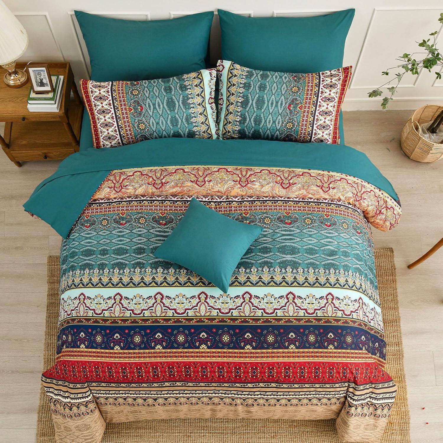 imageBoho Queen Comforter Set 8 Pieces Teal Comforter Bohemian Striped Bed in A BagSoft Microfiber Bedding Set for All SeasonsGreen and Brown