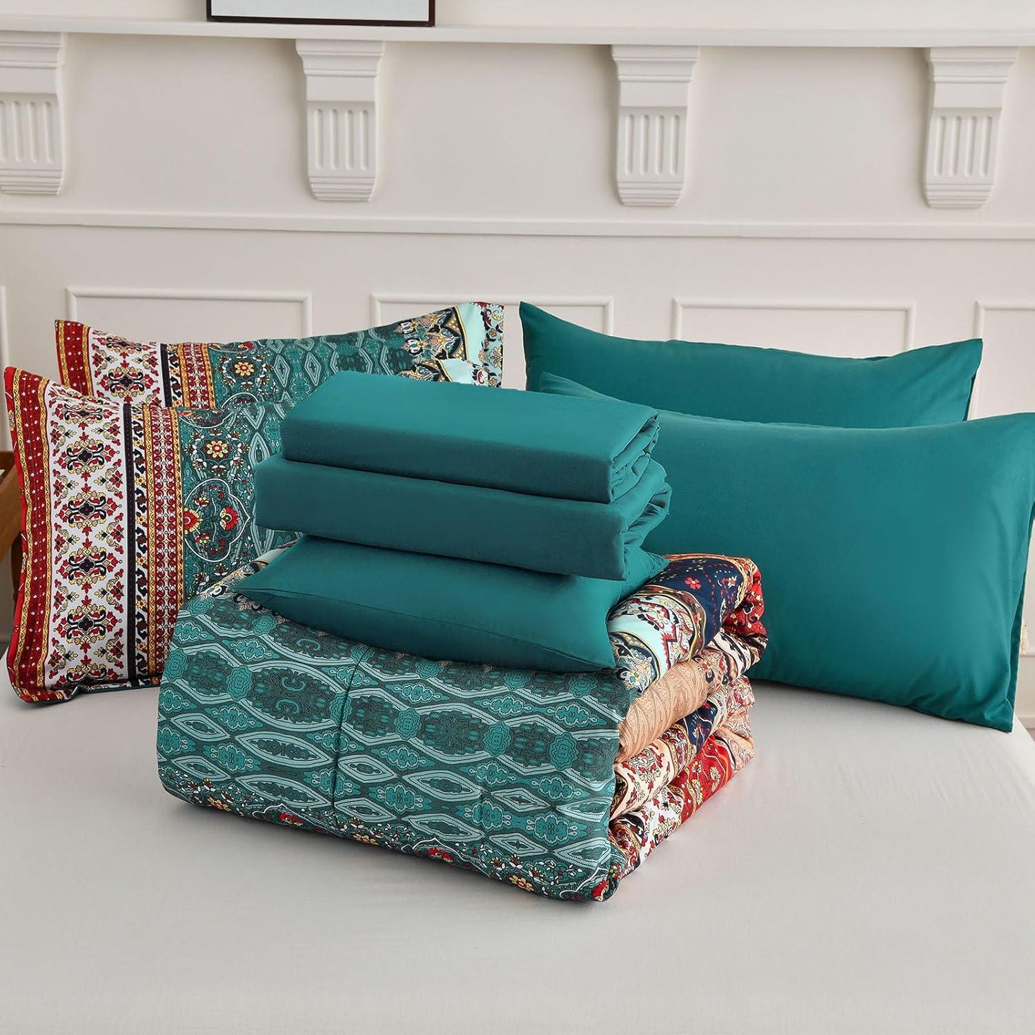 imageBoho Queen Comforter Set 8 Pieces Teal Comforter Bohemian Striped Bed in A BagSoft Microfiber Bedding Set for All SeasonsGreen and Brown