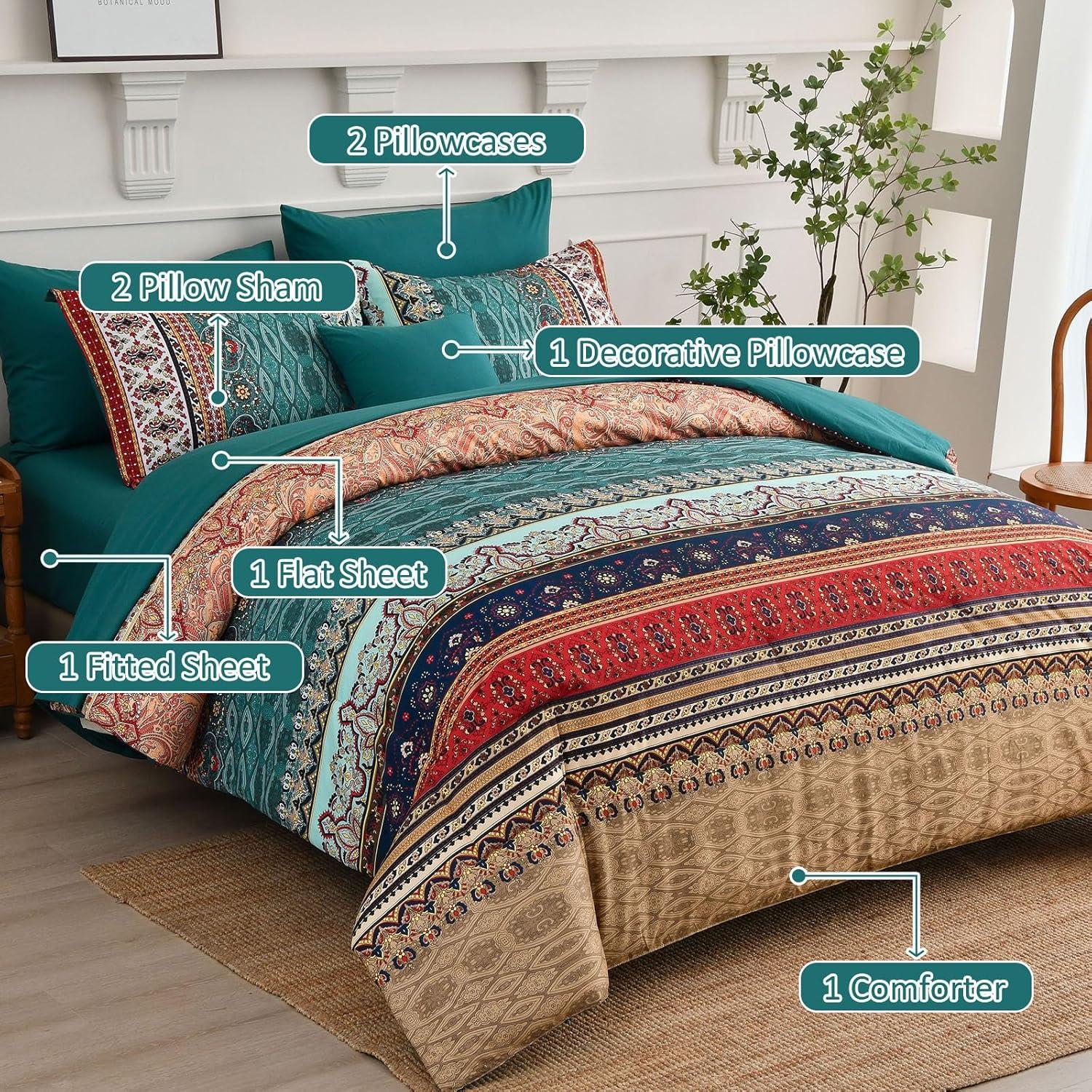 imageBoho Queen Comforter Set 8 Pieces Teal Comforter Bohemian Striped Bed in A BagSoft Microfiber Bedding Set for All SeasonsGreen and Brown
