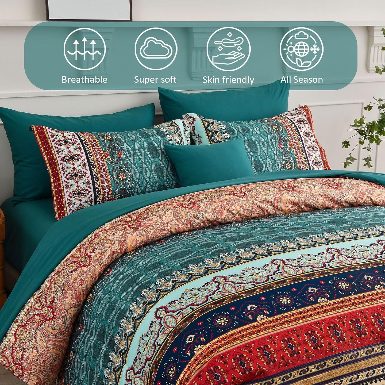 imageBoho Queen Comforter Set 8 Pieces Teal Comforter Bohemian Striped Bed in A BagSoft Microfiber Bedding Set for All SeasonsGreen and Brown