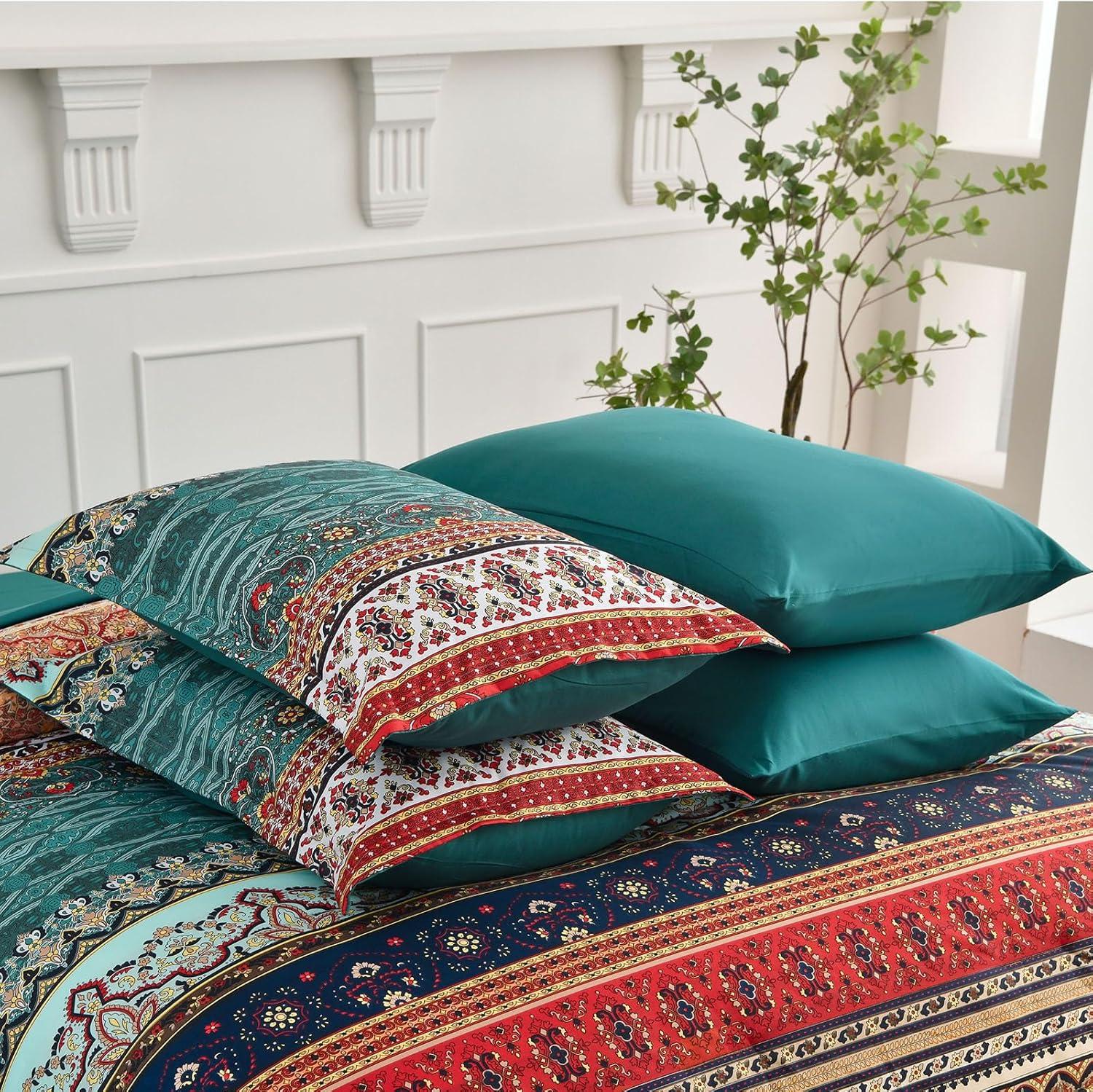 imageBoho Queen Comforter Set 8 Pieces Teal Comforter Bohemian Striped Bed in A BagSoft Microfiber Bedding Set for All SeasonsGreen and Brown