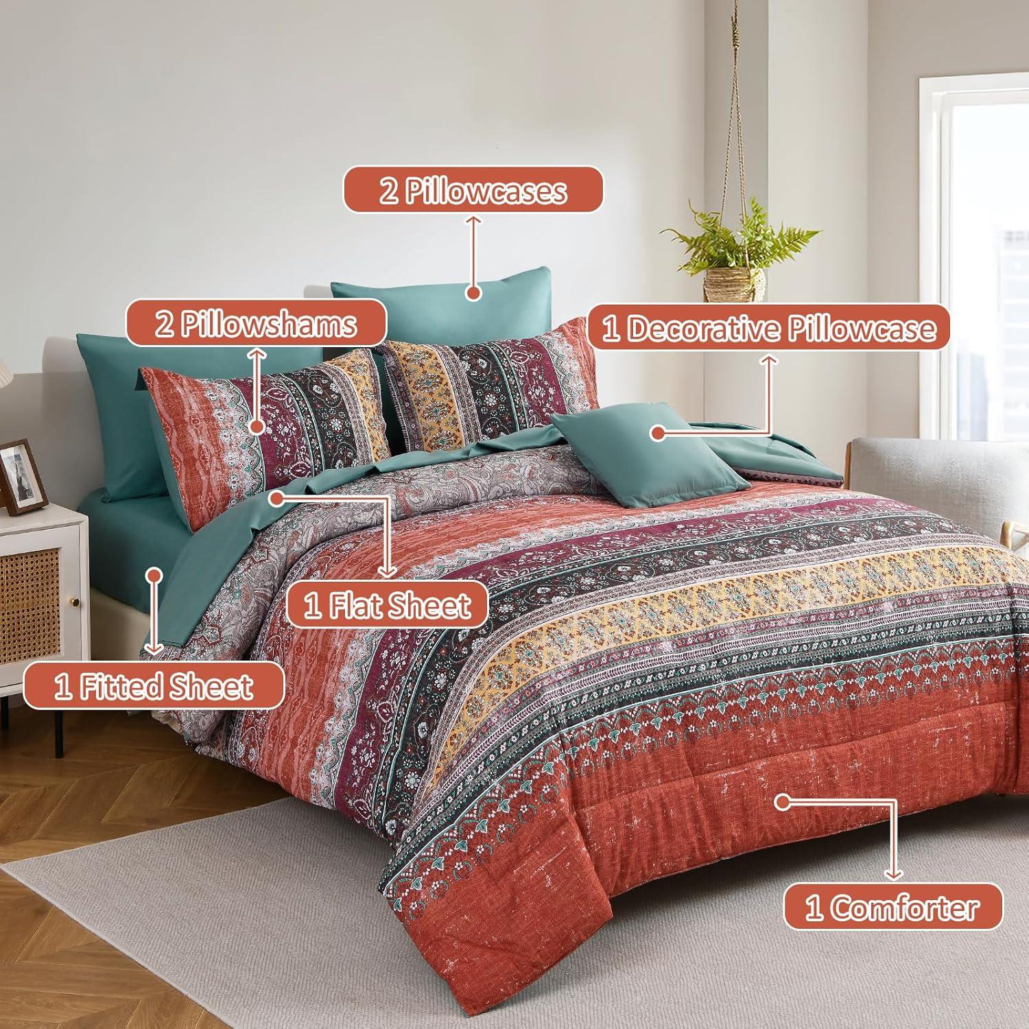 imageBoho Queen Comforter Set 8 Pieces Teal Comforter Bohemian Striped Bed in A BagSoft Microfiber Bedding Set for All SeasonsOrange and Green
