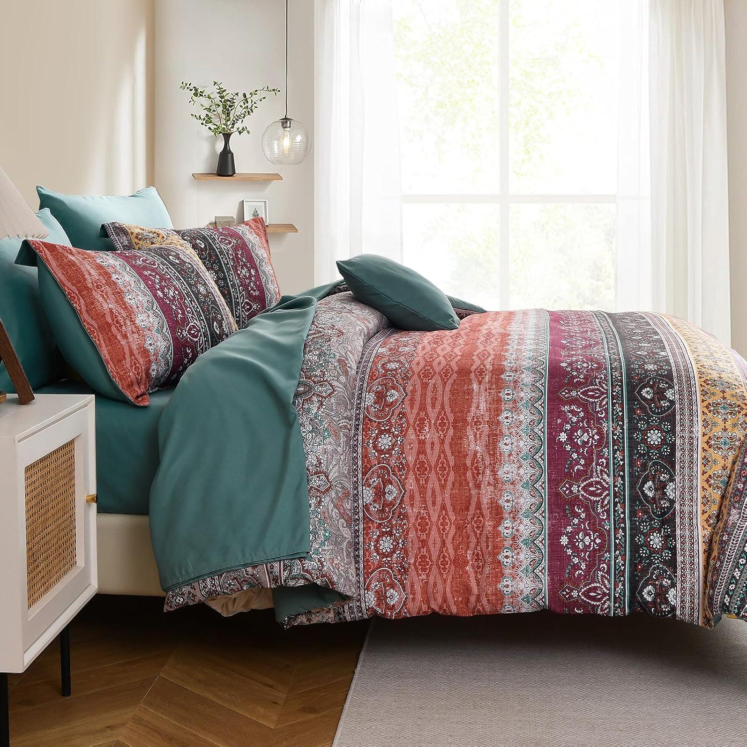 imageBoho Queen Comforter Set 8 Pieces Teal Comforter Bohemian Striped Bed in A BagSoft Microfiber Bedding Set for All SeasonsOrange and Green