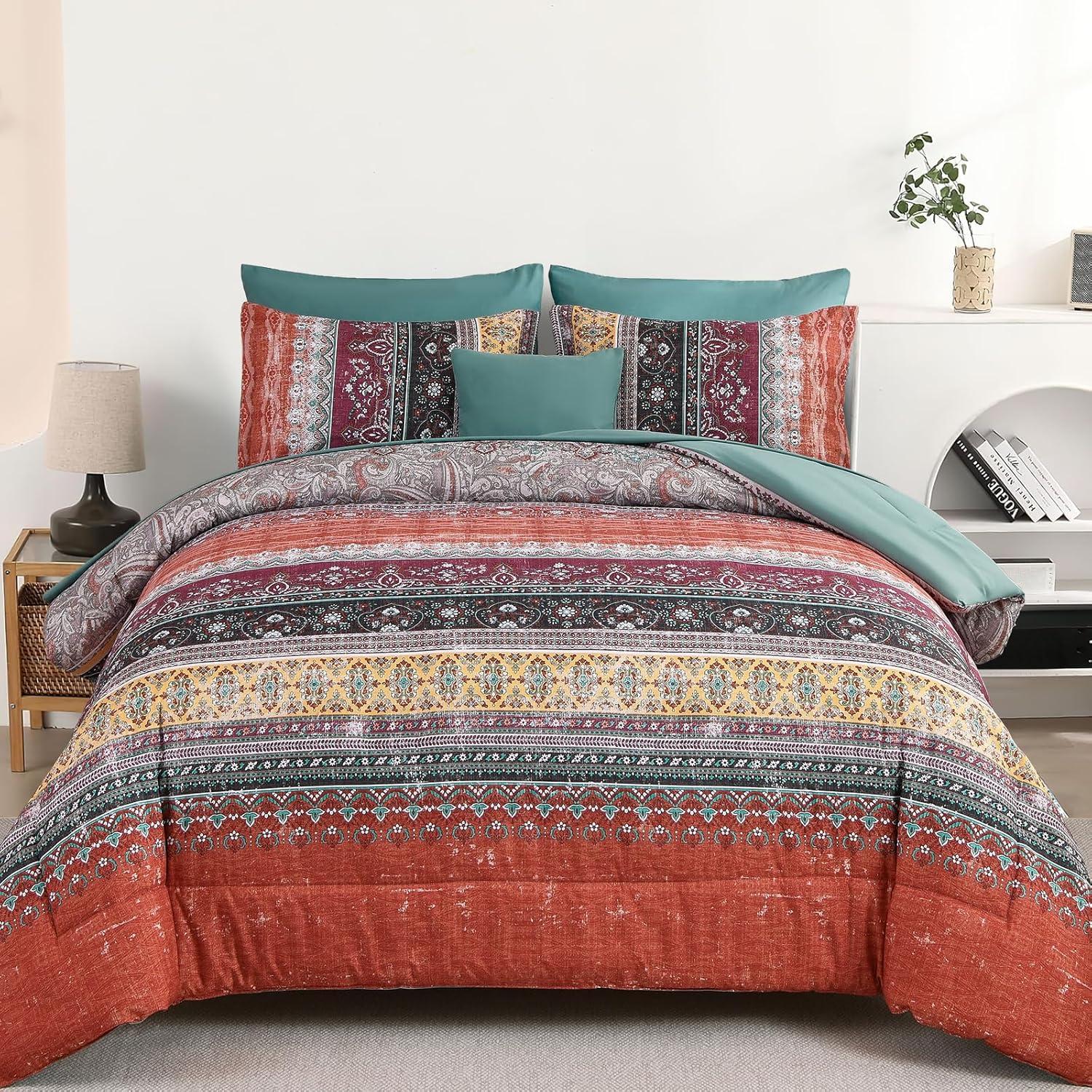 imageBoho Queen Comforter Set 8 Pieces Teal Comforter Bohemian Striped Bed in A BagSoft Microfiber Bedding Set for All SeasonsOrange and Green