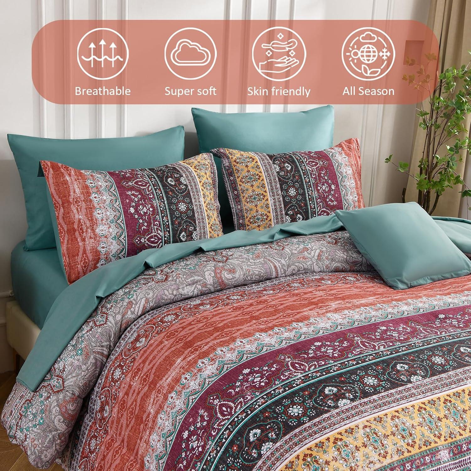 imageBoho Queen Comforter Set 8 Pieces Teal Comforter Bohemian Striped Bed in A BagSoft Microfiber Bedding Set for All SeasonsOrange and Green