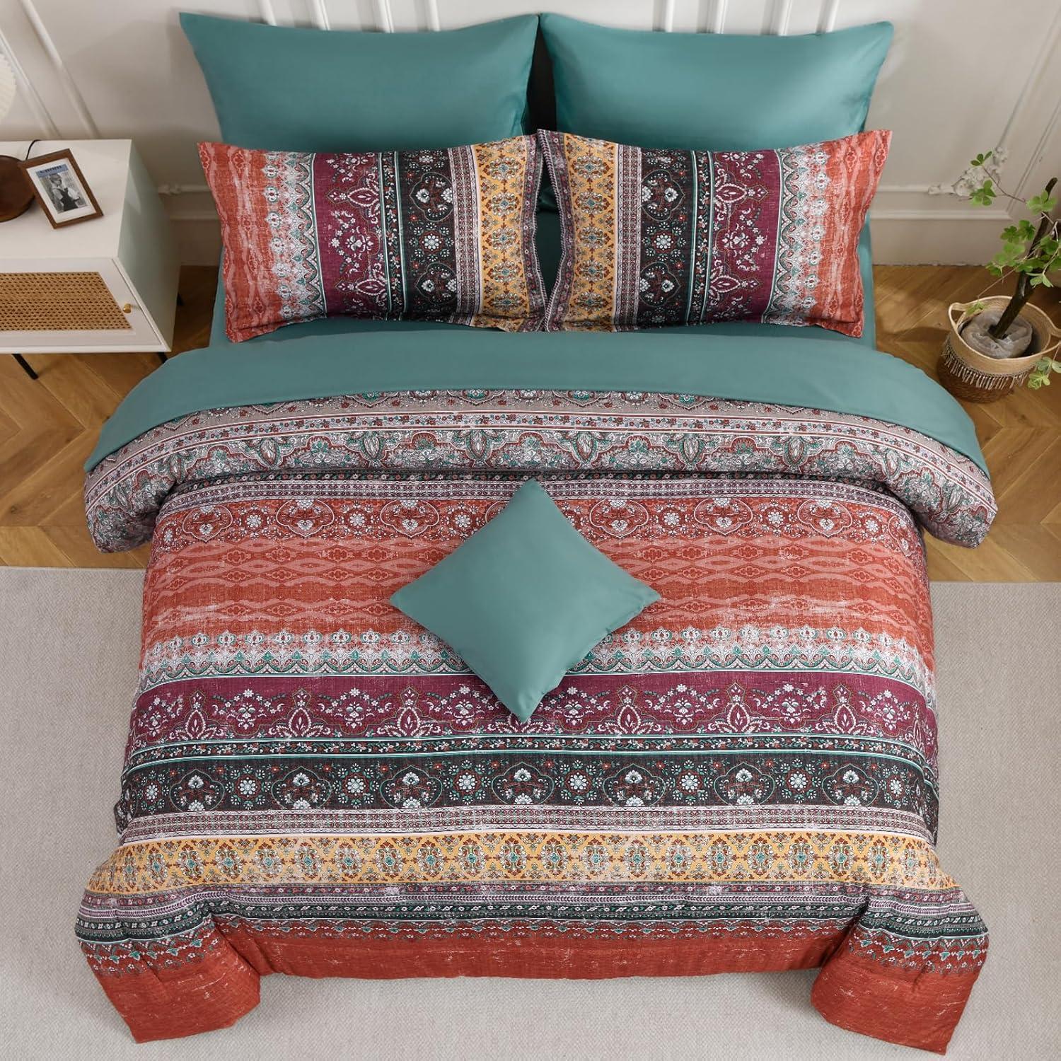 imageBoho Queen Comforter Set 8 Pieces Teal Comforter Bohemian Striped Bed in A BagSoft Microfiber Bedding Set for All SeasonsOrange and Green