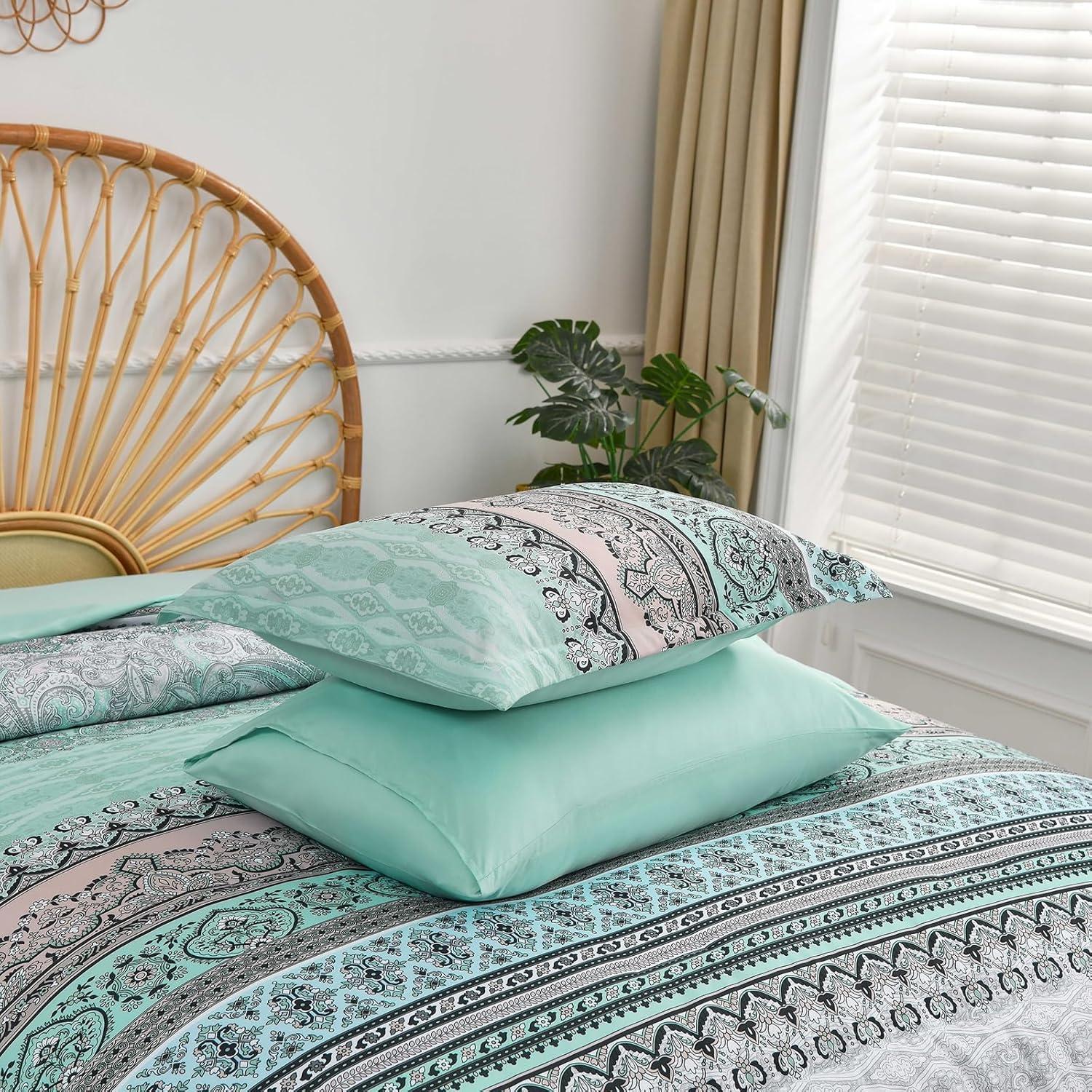 imageBoho Queen Comforter Set 8 Pieces Teal Comforter Bohemian Striped Bed in A BagSoft Microfiber Bedding Set for All SeasonsSage Green