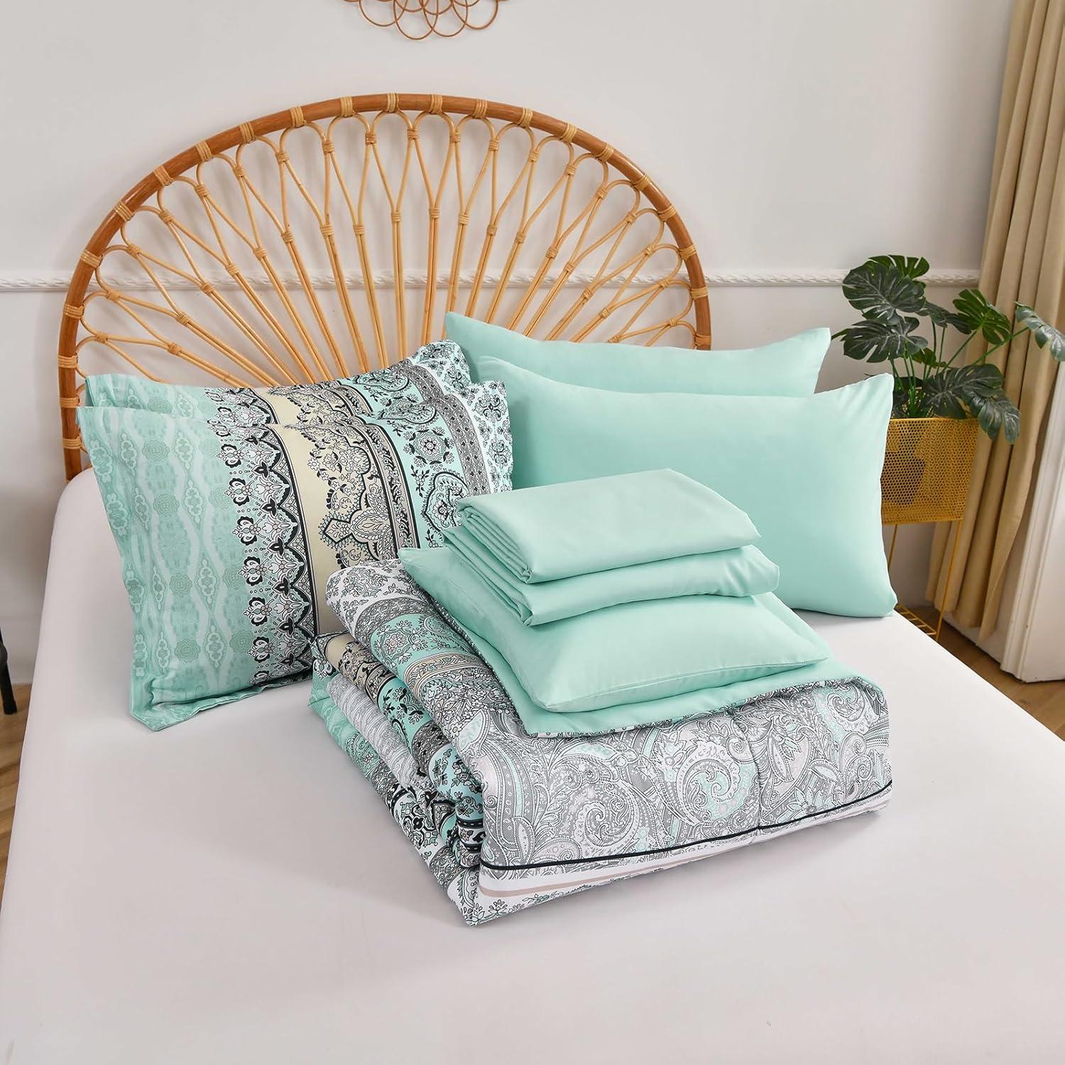 imageBoho Queen Comforter Set 8 Pieces Teal Comforter Bohemian Striped Bed in A BagSoft Microfiber Bedding Set for All SeasonsSage Green