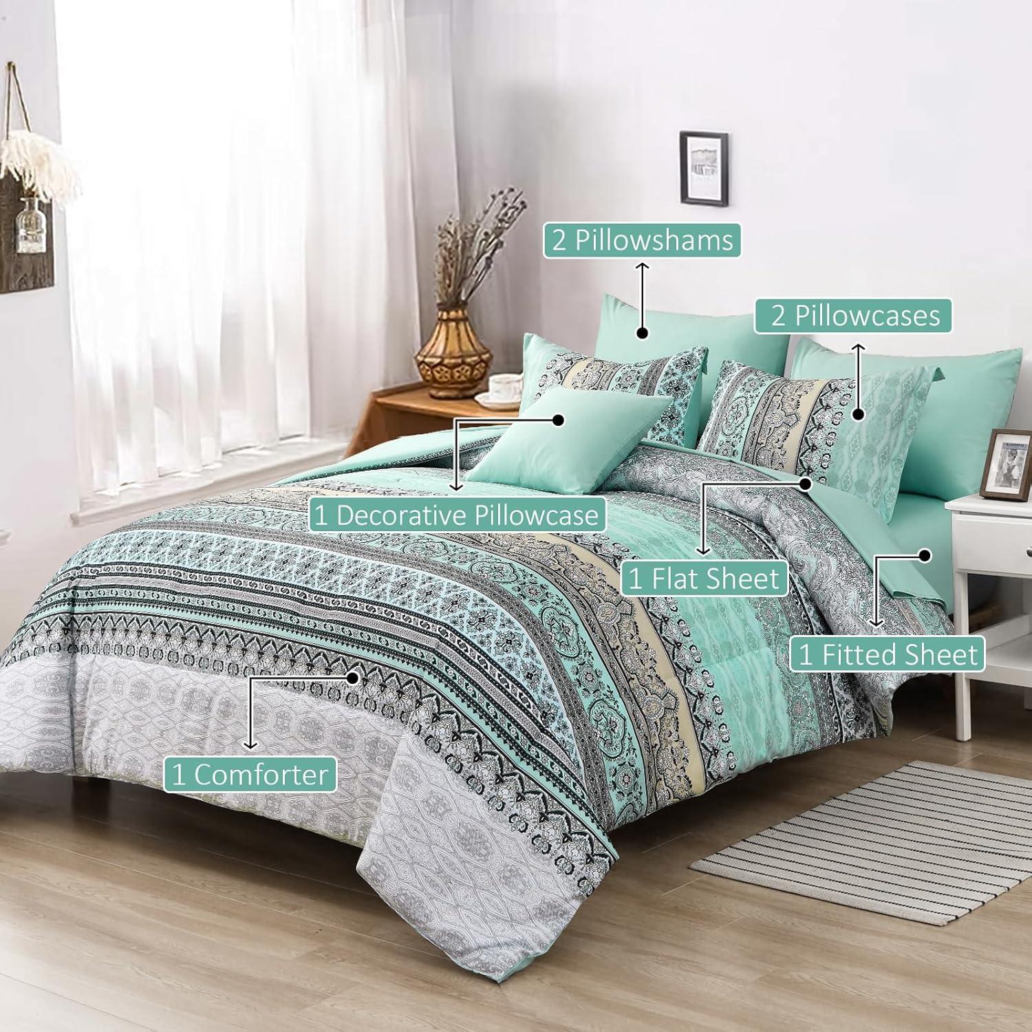 imageBoho Queen Comforter Set 8 Pieces Teal Comforter Bohemian Striped Bed in A BagSoft Microfiber Bedding Set for All SeasonsSage Green