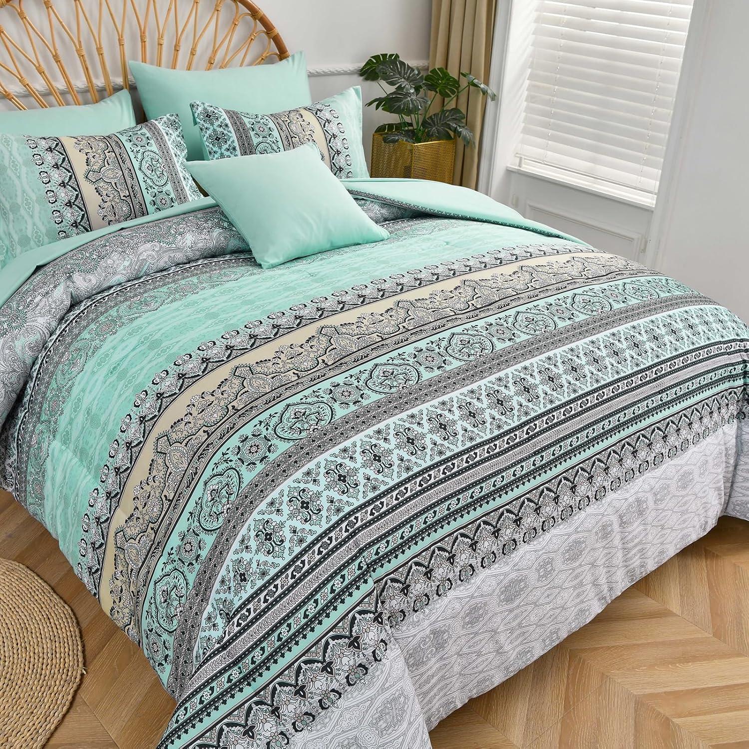 imageBoho Queen Comforter Set 8 Pieces Teal Comforter Bohemian Striped Bed in A BagSoft Microfiber Bedding Set for All SeasonsSage Green