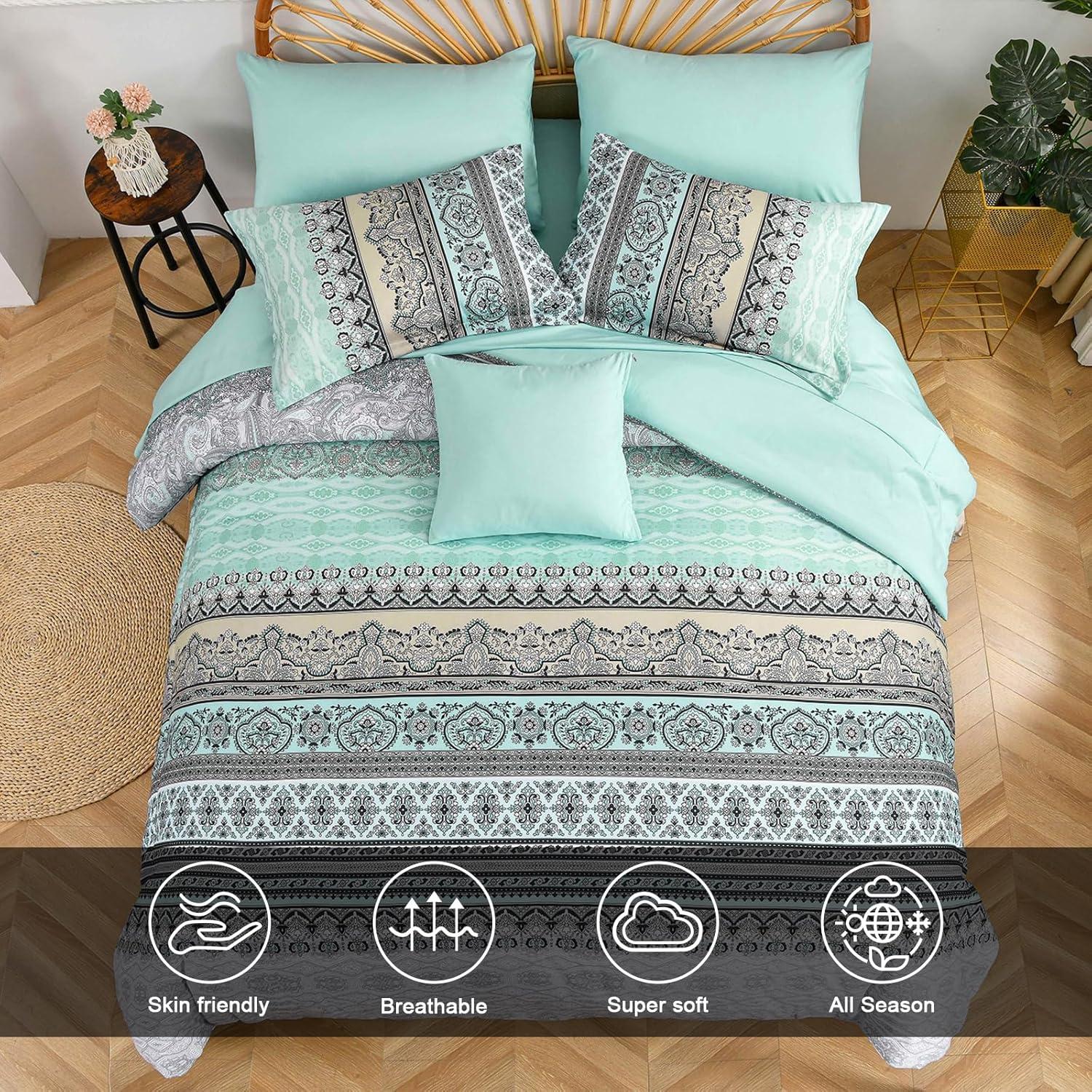 imageBoho Queen Comforter Set 8 Pieces Teal Comforter Bohemian Striped Bed in A BagSoft Microfiber Bedding Set for All SeasonsSage Green