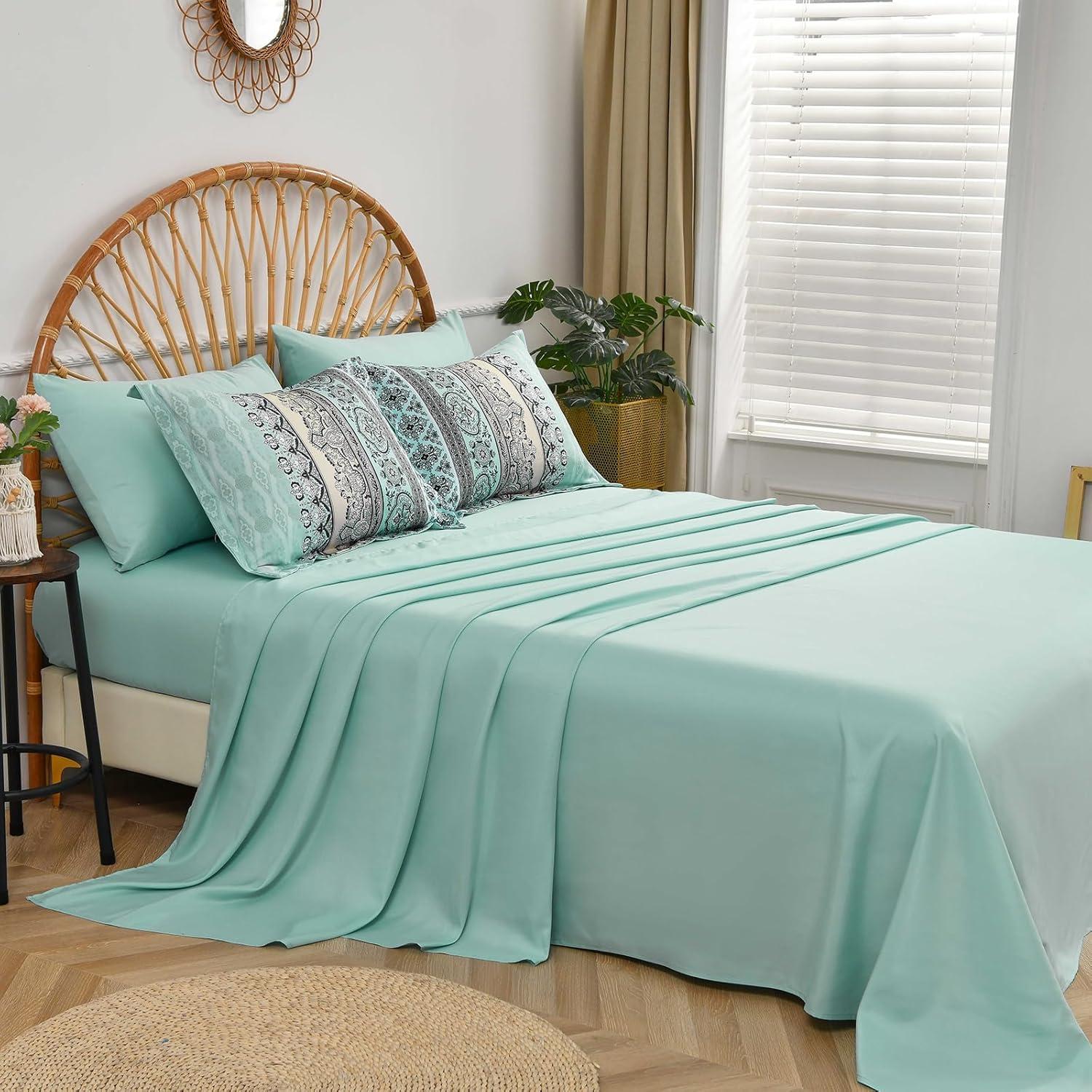 imageBoho Queen Comforter Set 8 Pieces Teal Comforter Bohemian Striped Bed in A BagSoft Microfiber Bedding Set for All SeasonsSage Green