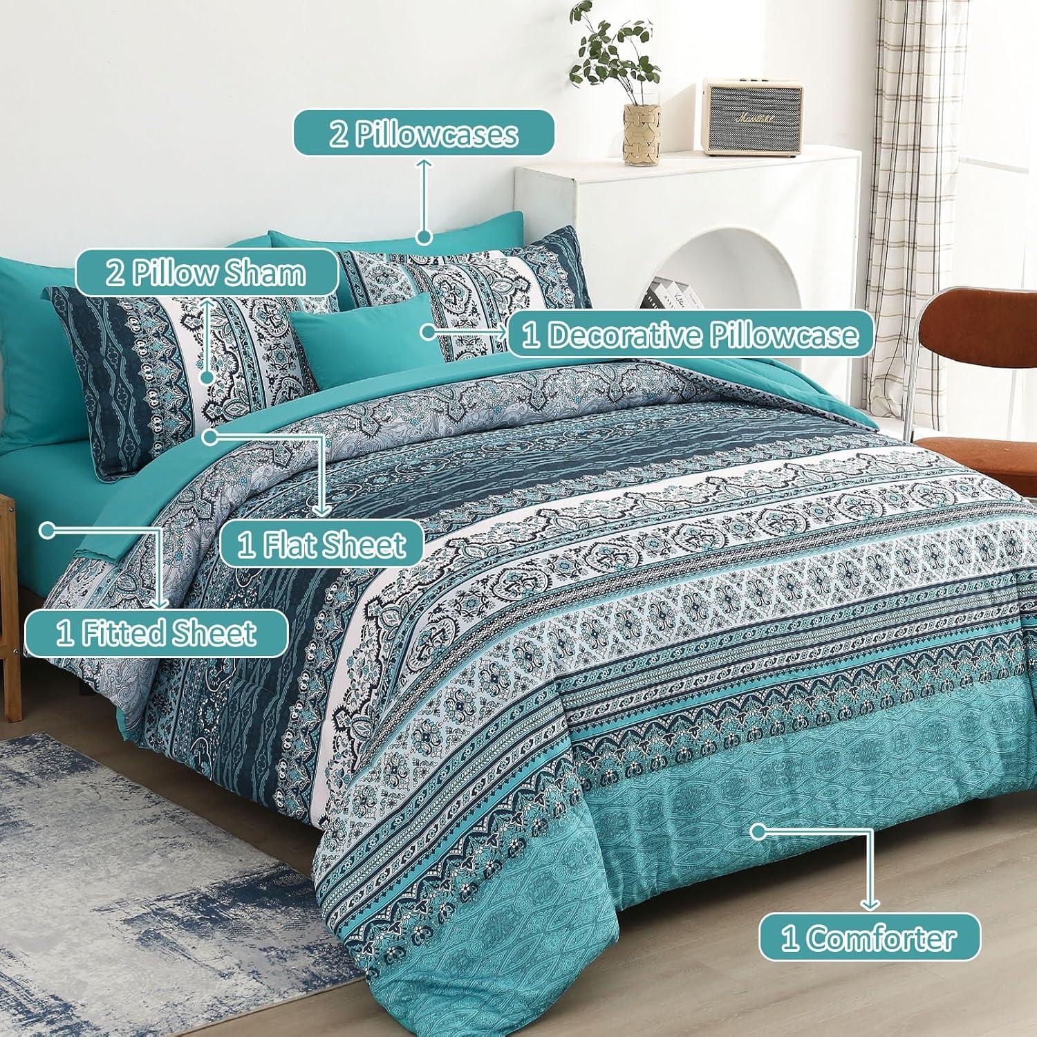 imageBoho Queen Comforter Set 8 Pieces Teal Comforter Bohemian Striped Bed in A BagSoft Microfiber Bedding Set for All SeasonsTeal