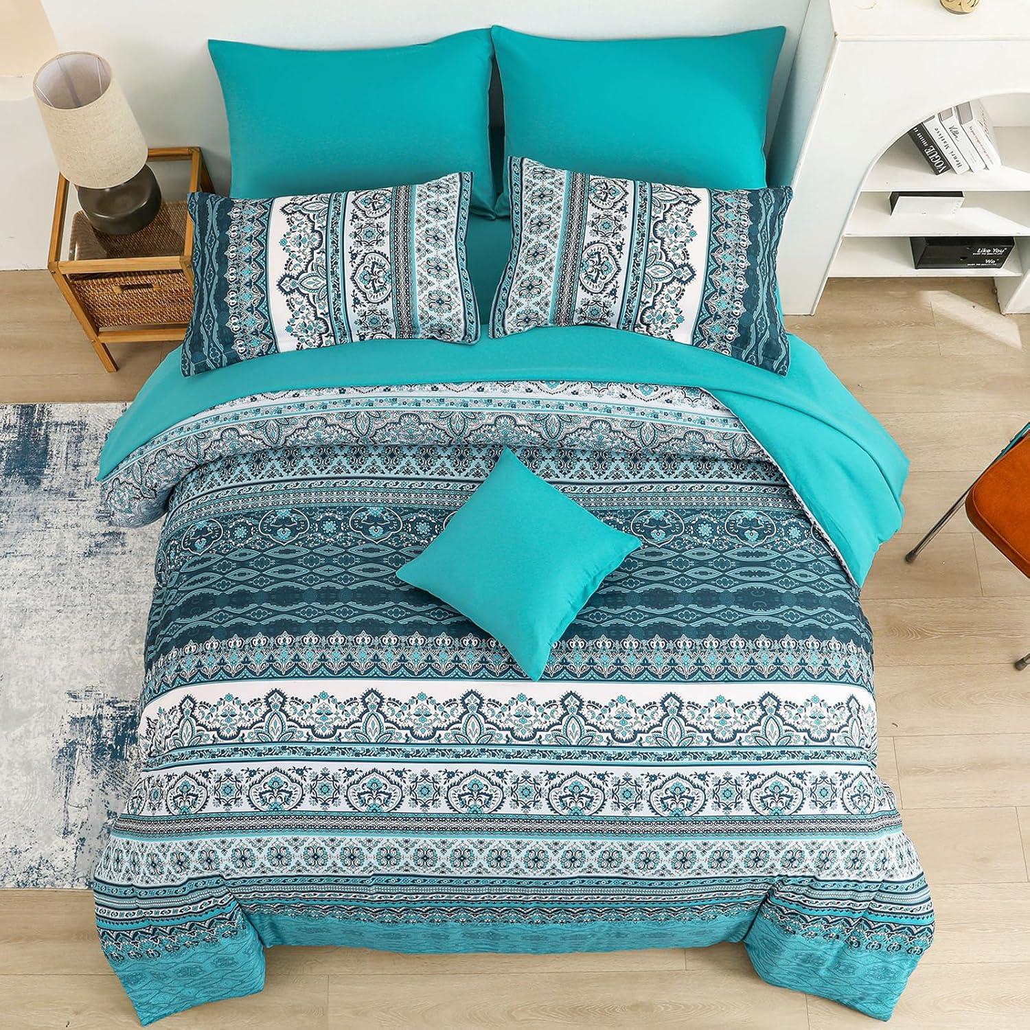 imageBoho Queen Comforter Set 8 Pieces Teal Comforter Bohemian Striped Bed in A BagSoft Microfiber Bedding Set for All SeasonsTeal