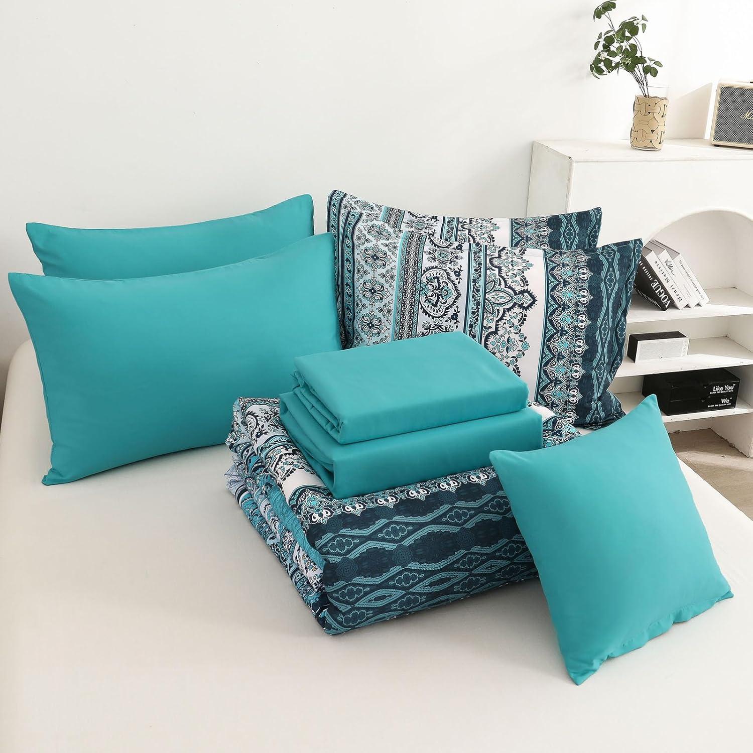 imageBoho Queen Comforter Set 8 Pieces Teal Comforter Bohemian Striped Bed in A BagSoft Microfiber Bedding Set for All SeasonsTeal