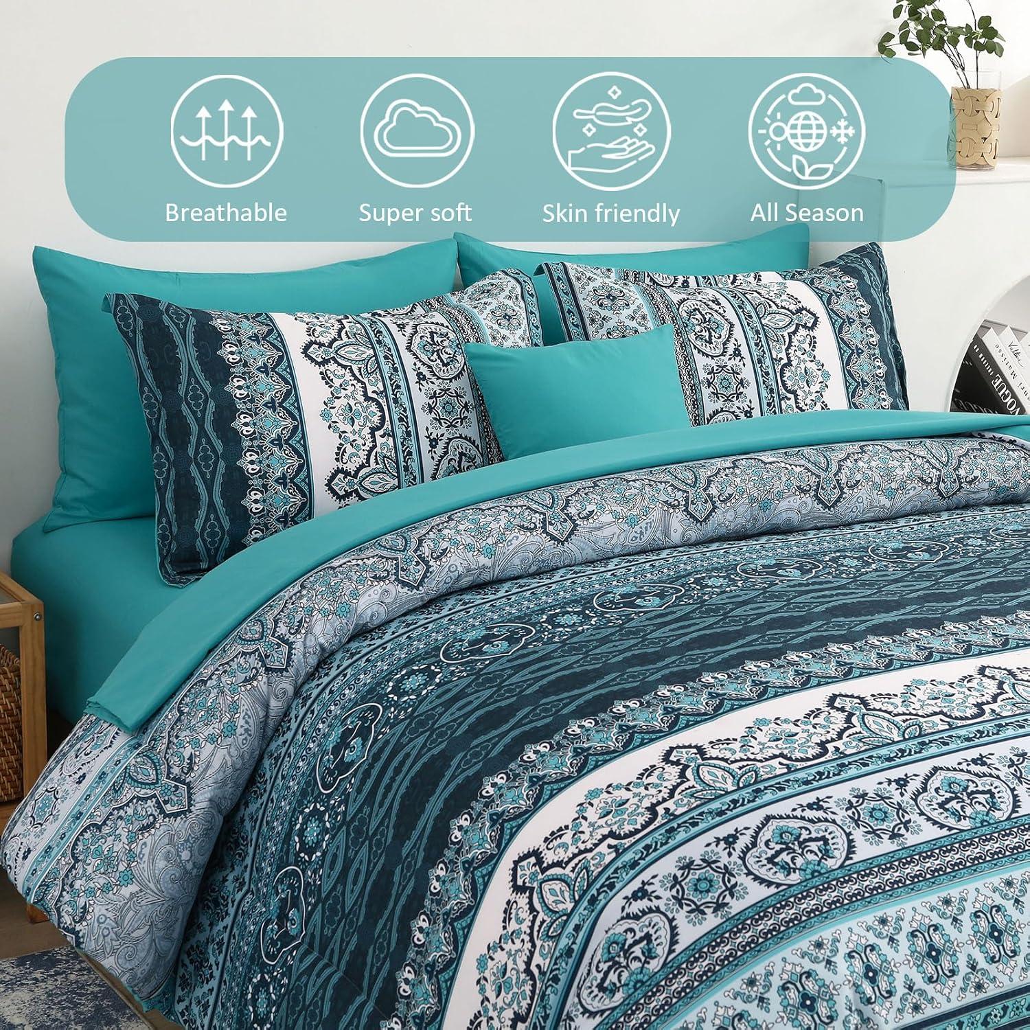 imageBoho Queen Comforter Set 8 Pieces Teal Comforter Bohemian Striped Bed in A BagSoft Microfiber Bedding Set for All SeasonsTeal